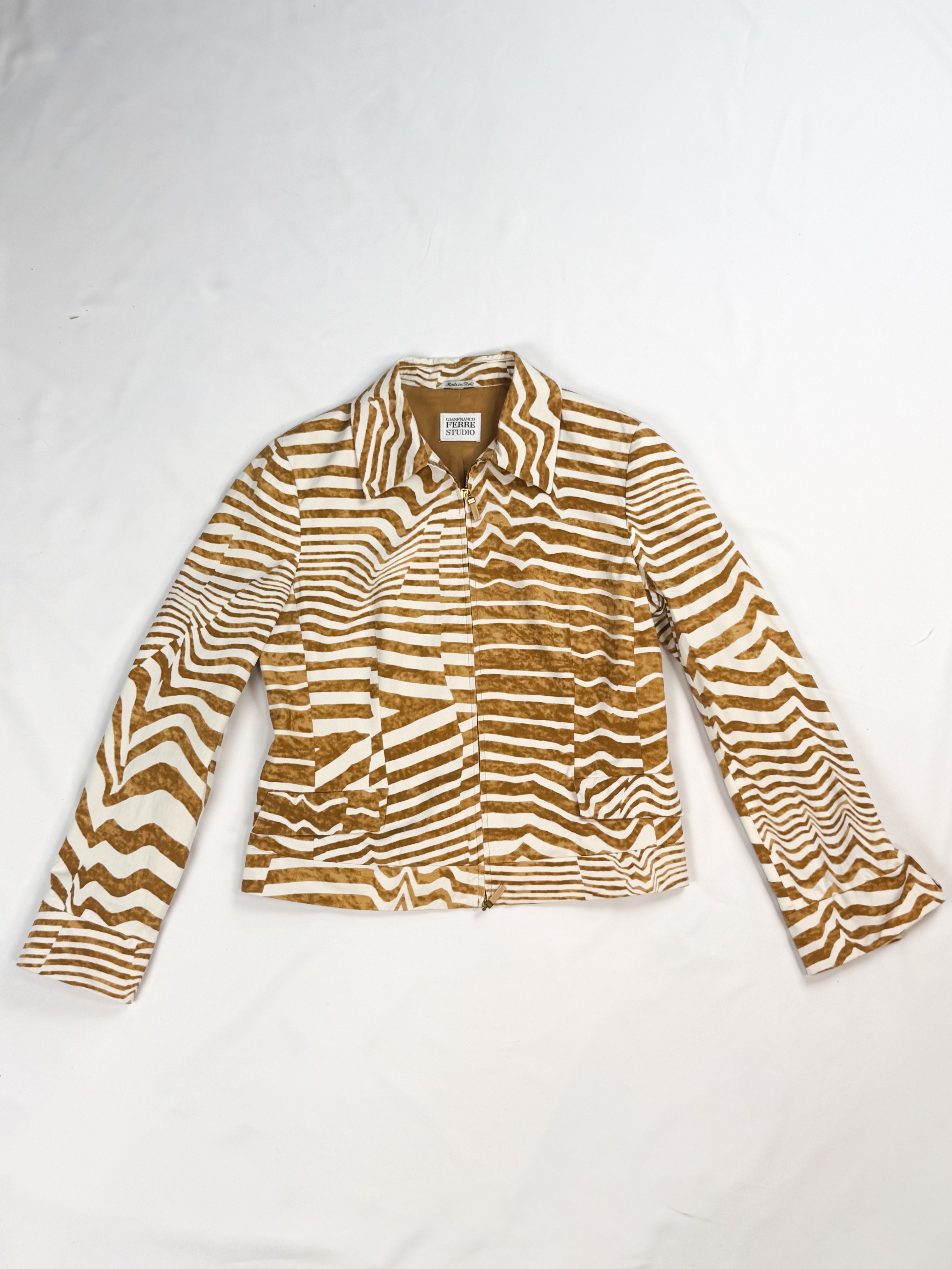 Gianfranco Ferré Studio 1990s Camel Stripe Cotton Zip Jacket - M