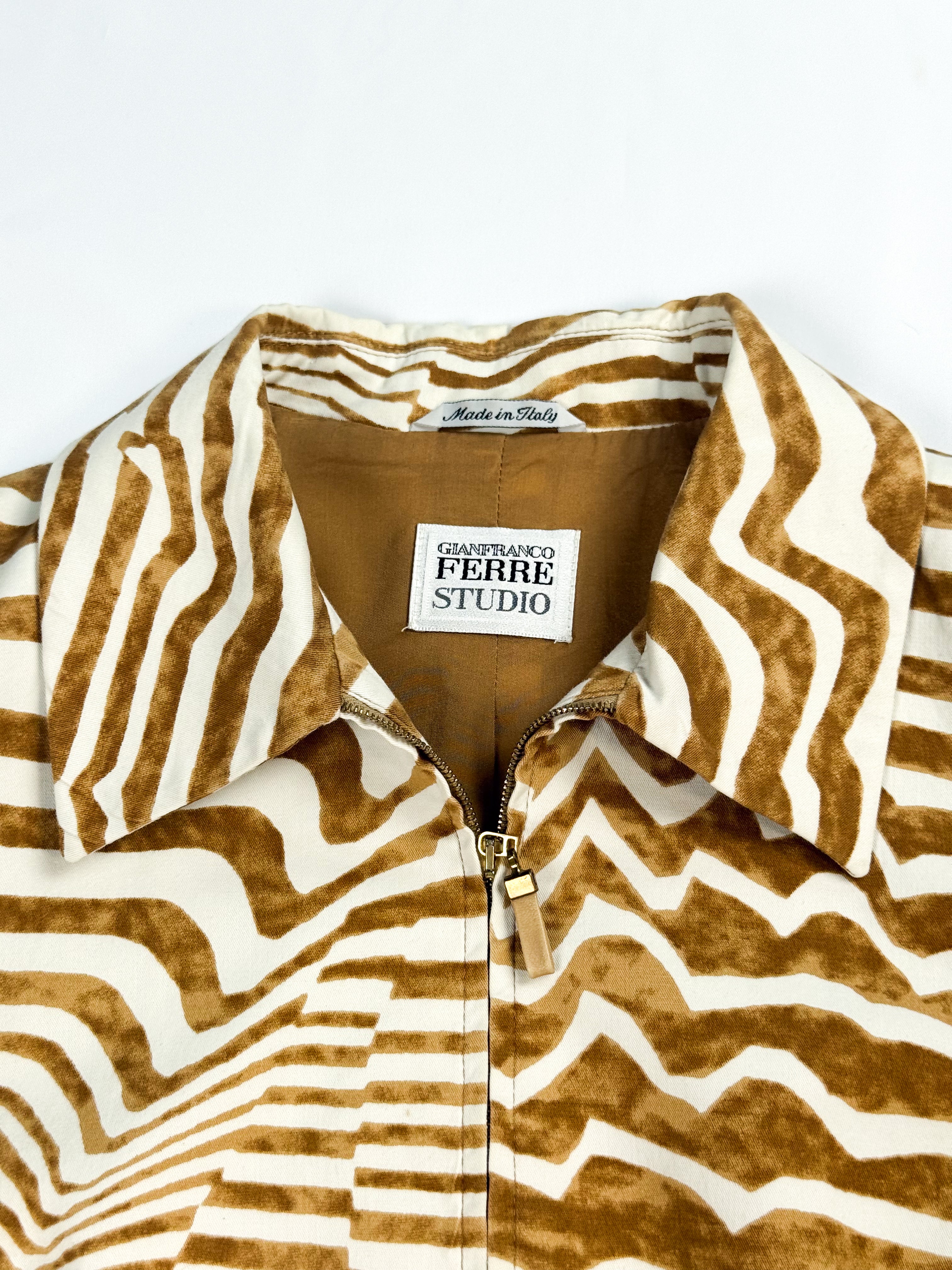Gianfranco Ferré Studio 1990s Camel Stripe Cotton Zip Jacket - M