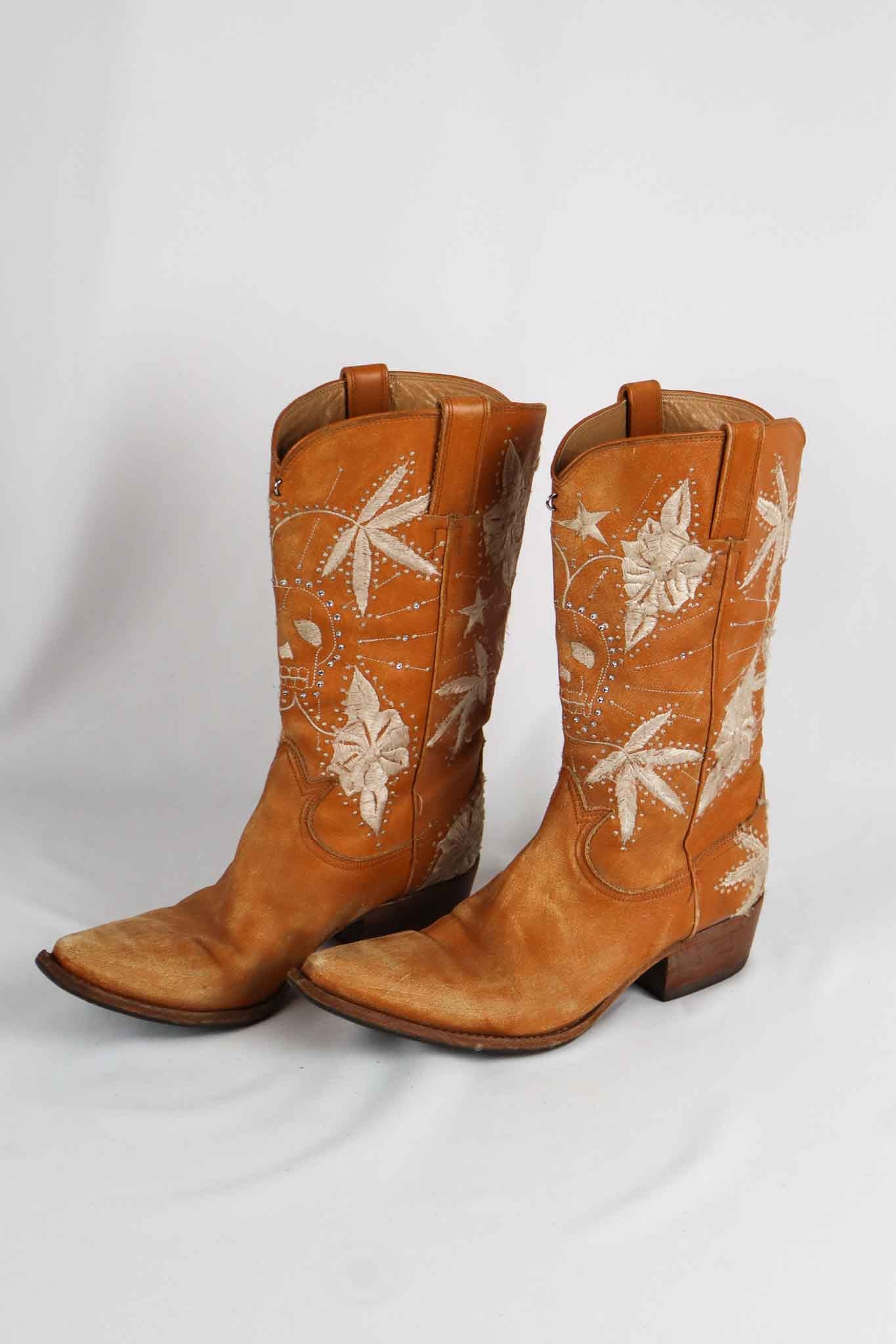 John Richmond 2000s Tan Embroidered Western Cowboy Boots - EU 37
