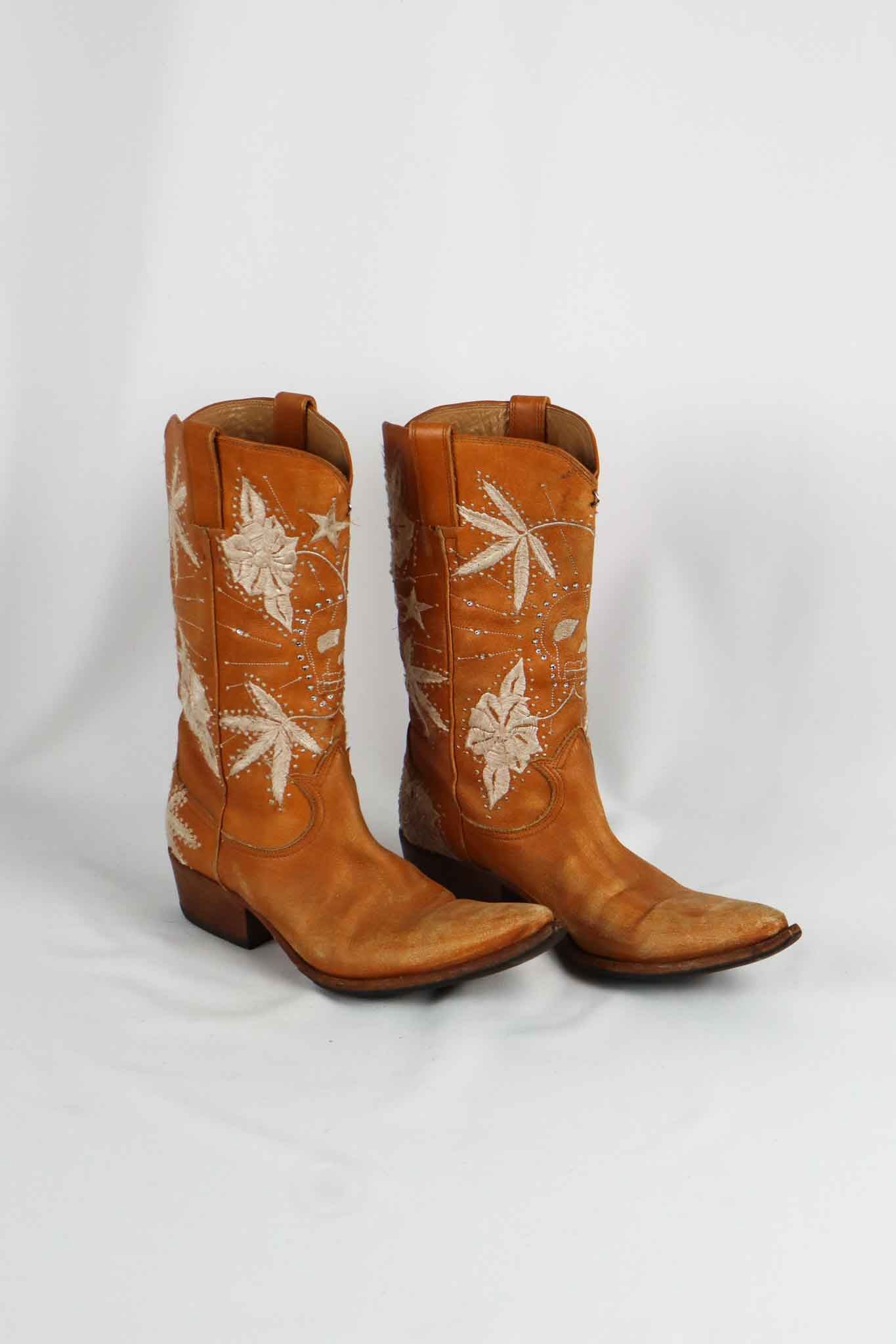 John Richmond 2000s Tan Embroidered Western Cowboy Boots - EU 37