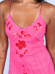 Sugarlips 2000s Pink Beaded Silk Slip Mini Dress - XS/S