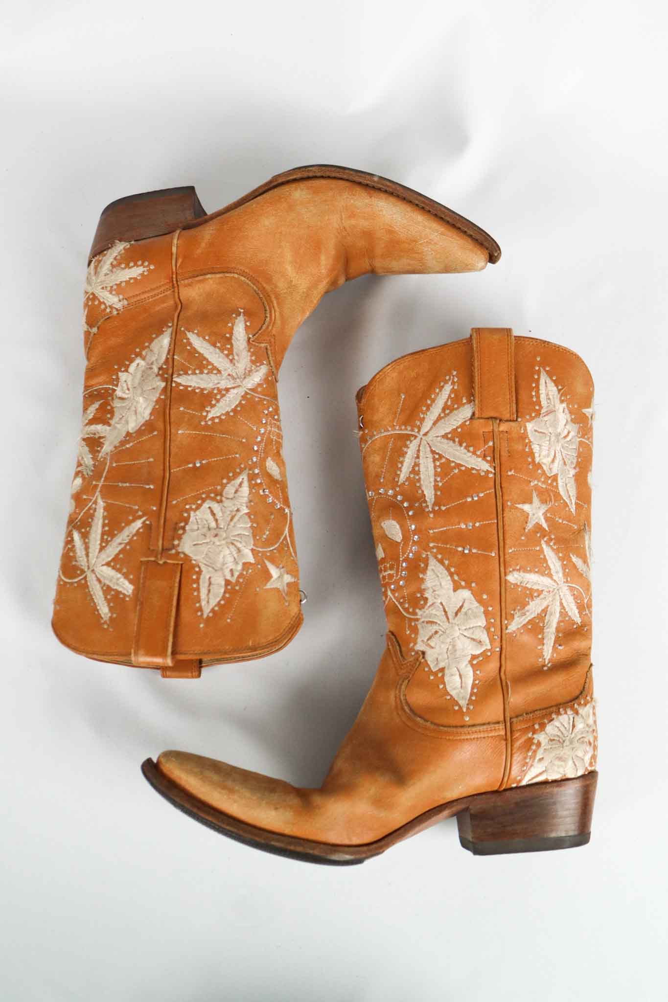 John Richmond 2000s Tan Embroidered Western Cowboy Boots - EU 37
