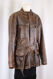 Vintage Brown Leather Belted Jacket – M/L