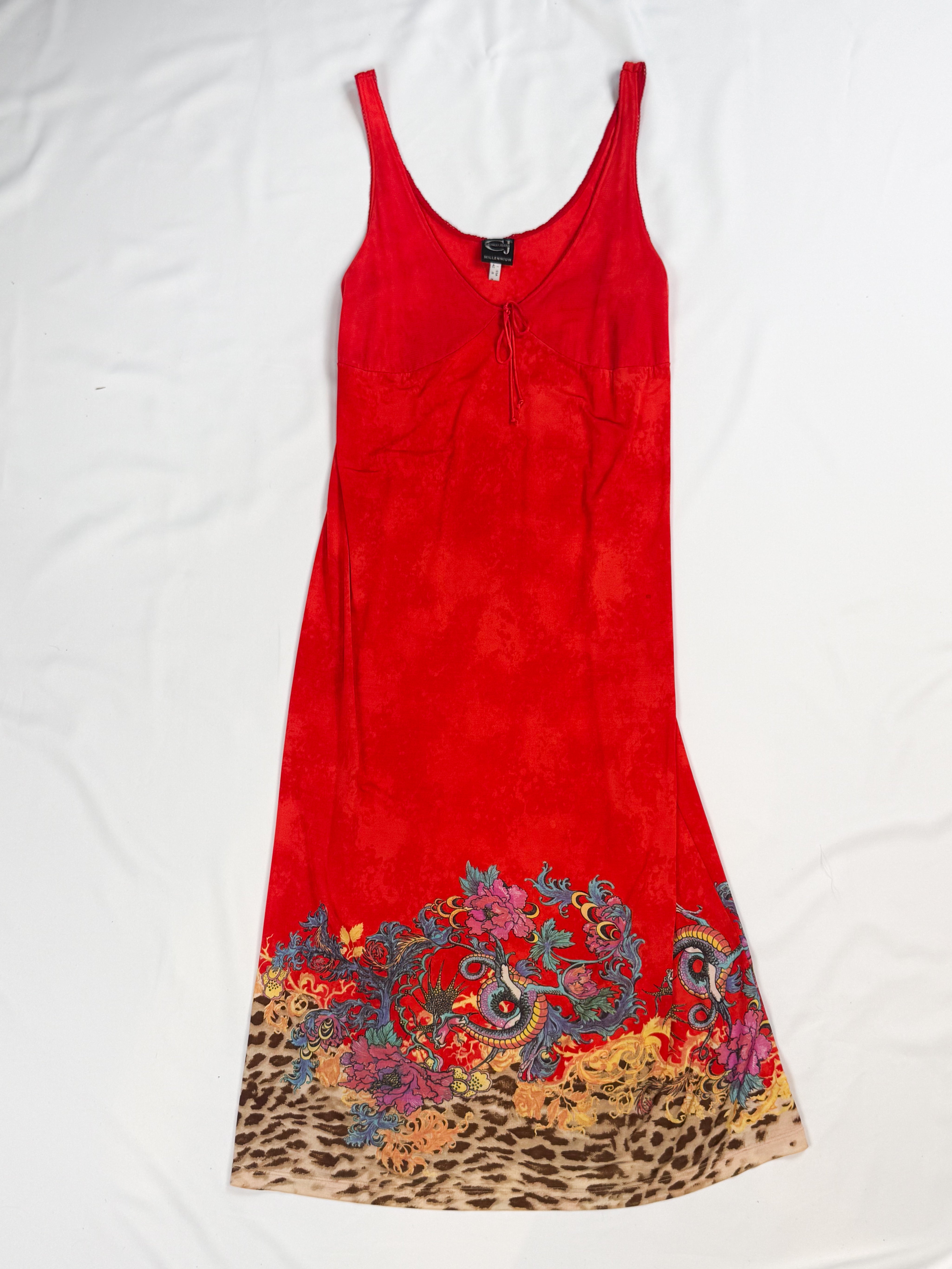 Cavalli Jeans Millennium 1999–2001 Red Dragon Border Print Slip Dress - M-XL