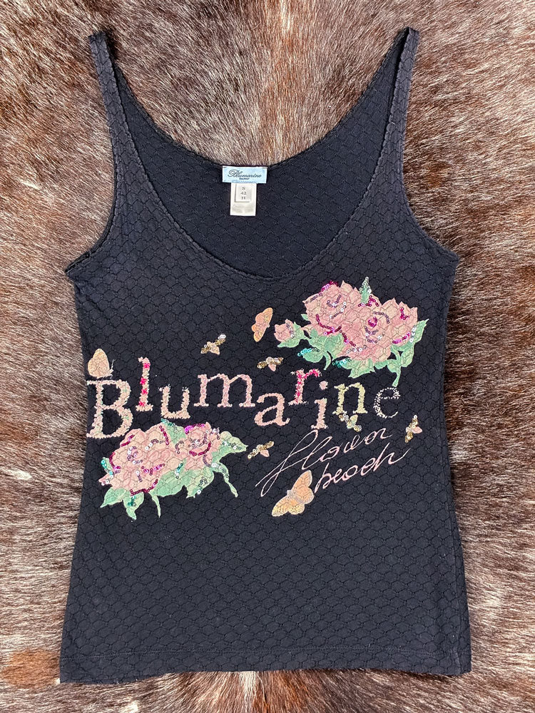 Blumarine 2002 Black Sequin “Flower Beach” Tank Top