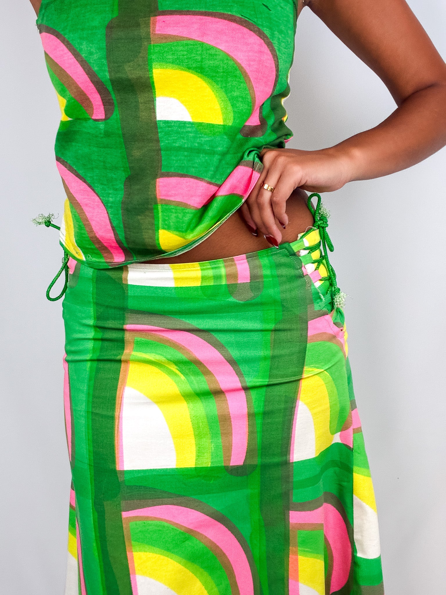 Livio de Simone 1970s Green Rainbow Print Cami Top and Maxi Skirt Set - XS