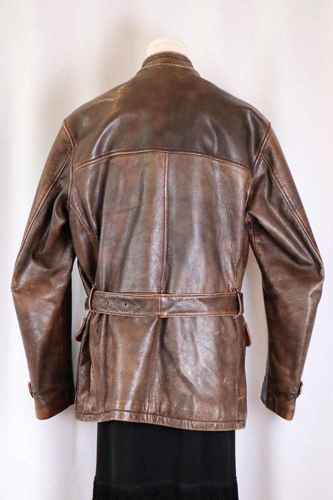 Vintage Brown Leather Belted Jacket – M/L