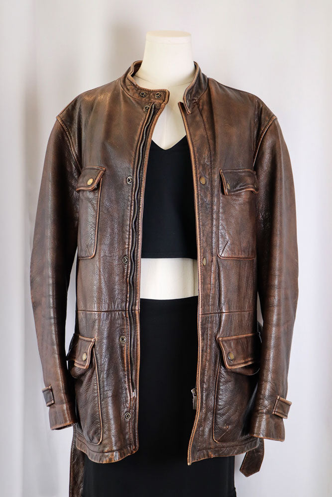 Vintage Brown Leather Belted Jacket – M/L