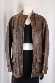Vintage Brown Leather Belted Jacket – M/L