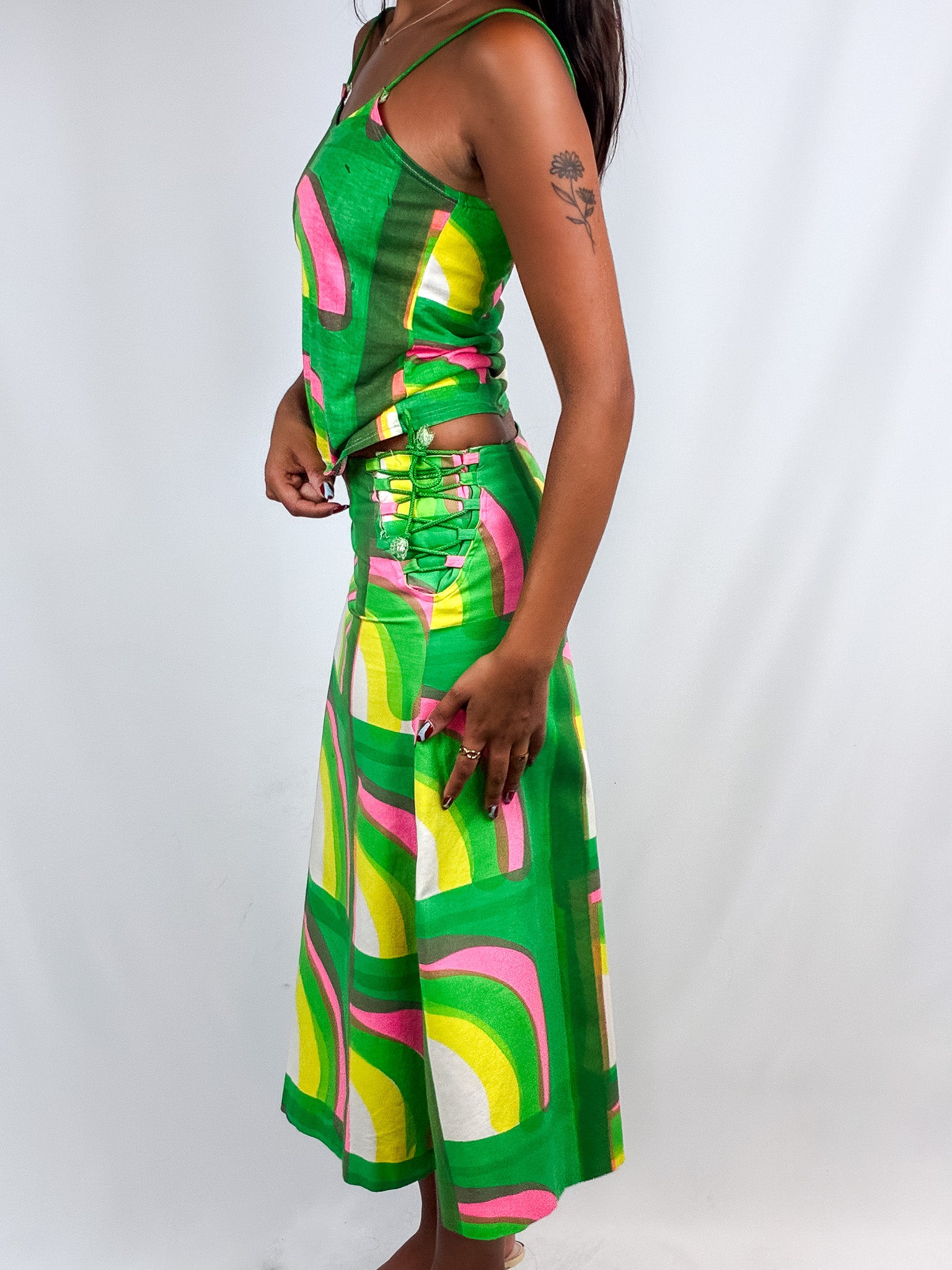 Livio de Simone 1970s Green Rainbow Print Cami Top and Maxi Skirt Set - XS