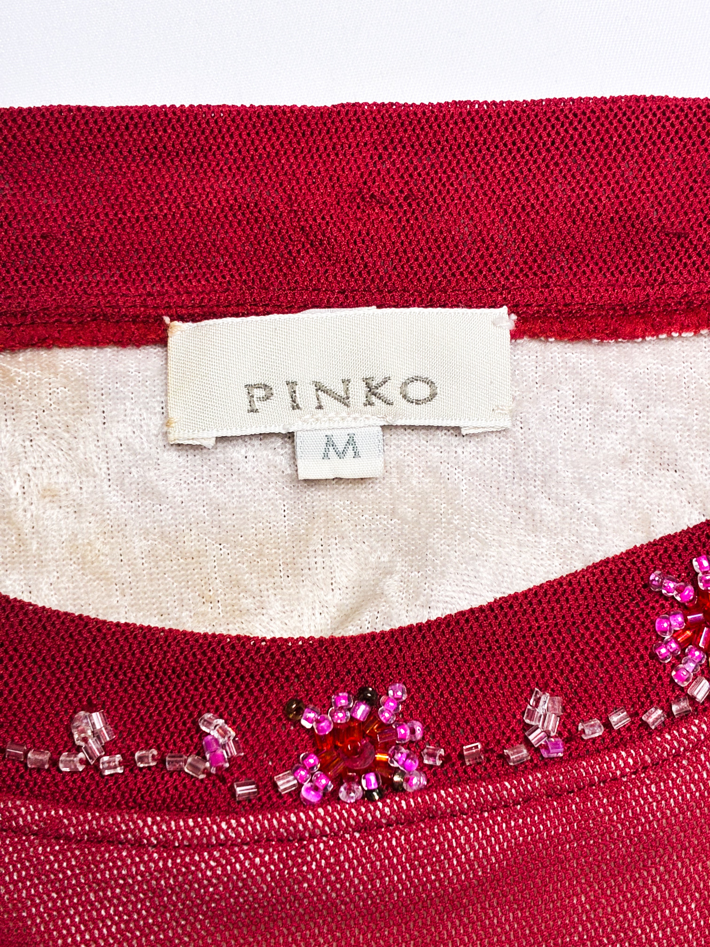 Pinko 2000s Red Beaded Floral Mesh Camisole - S/M