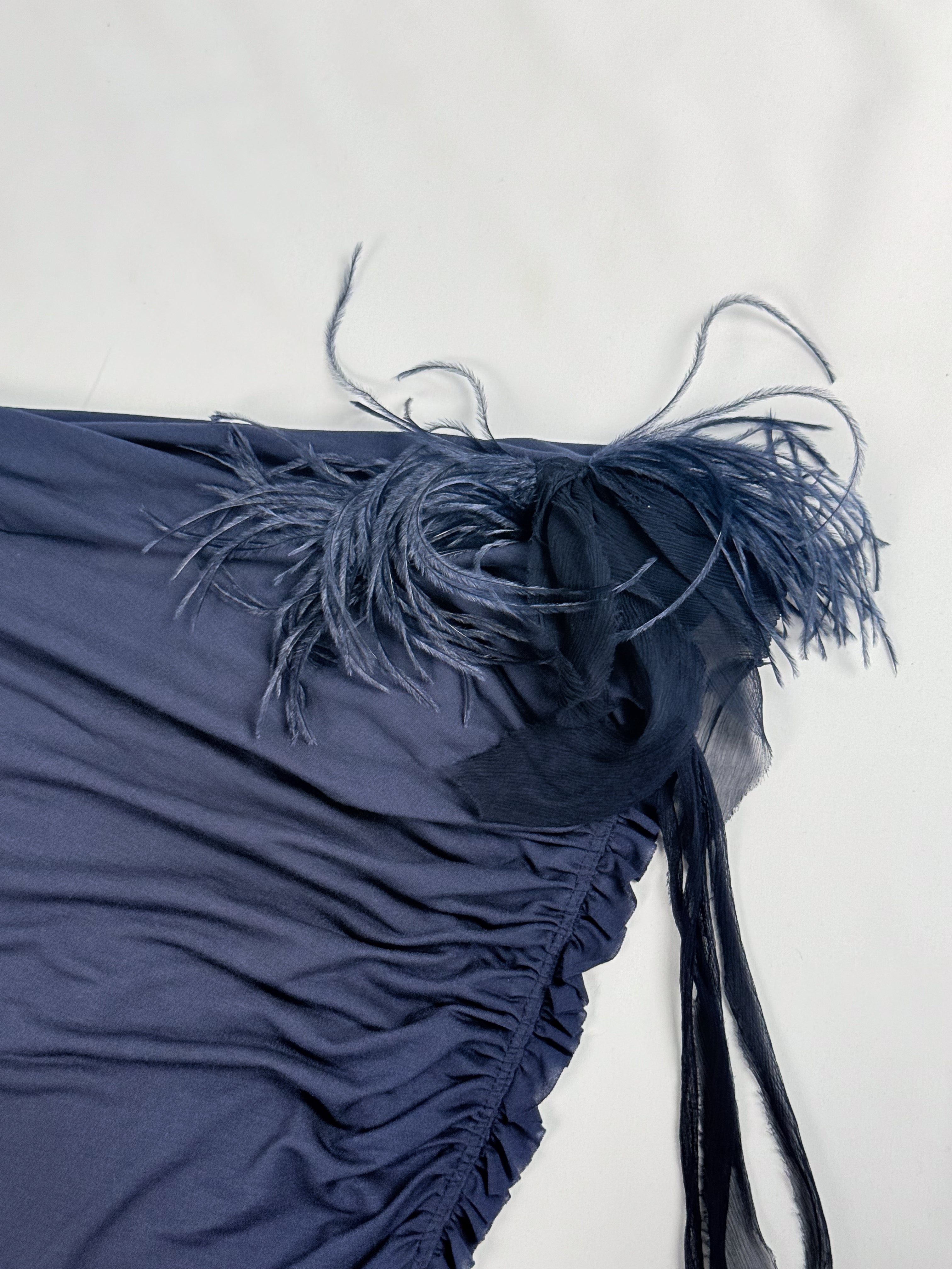 Ermanno Scervino 2000s Navy One-Shoulder Ostrich Feather Pleated Dress - S