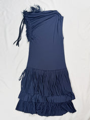 Ermanno Scervino 2000s Navy One-Shoulder Ostrich Feather Pleated Dress - S