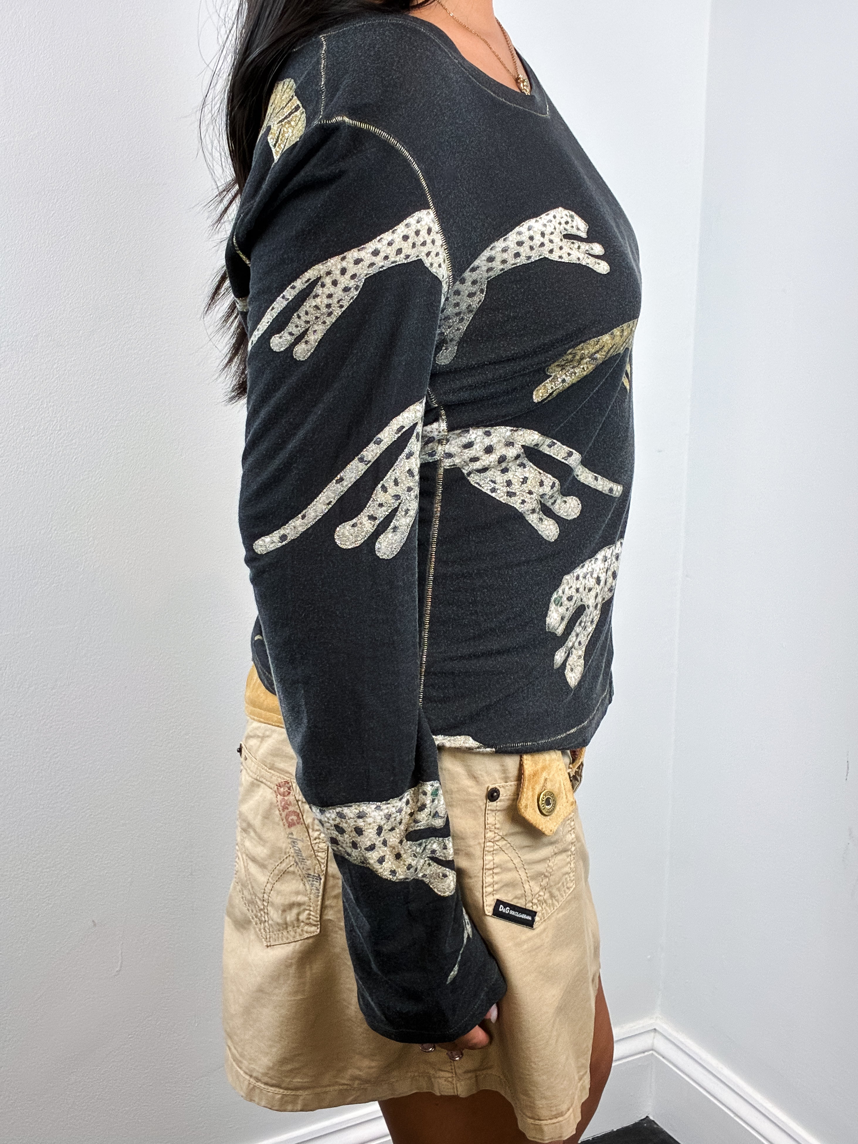 Roberto Cavalli FW 2002 Metallic Leopard Print Long Sleeve Top - M/L