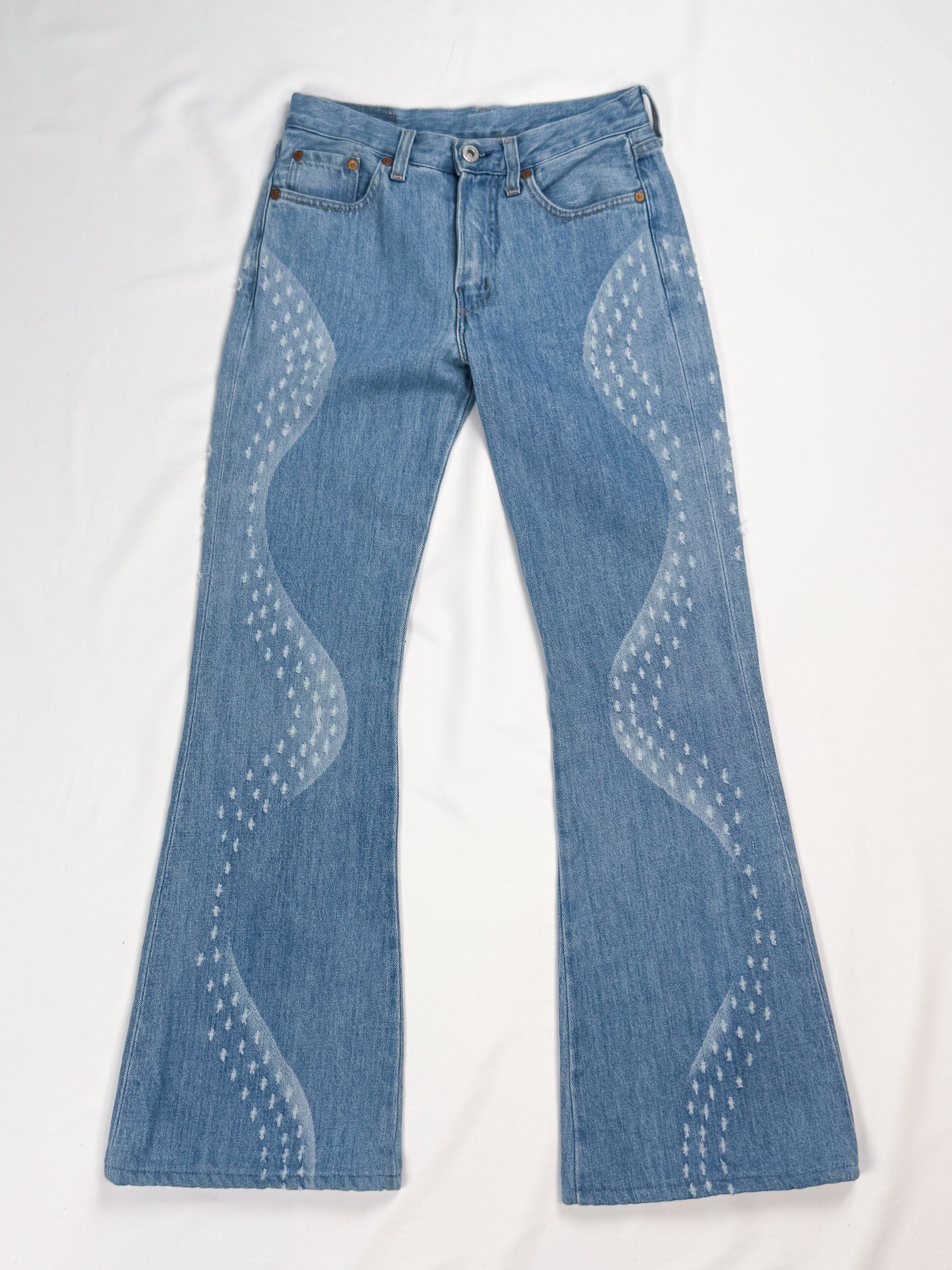 Replay 1990s Light Wash Wave-Panel Distressed Flare Jeans - W26