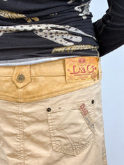D&G Dolce & Gabbana 2000s Khaki Cotton and Suede Low-Rise Mini Skirt - M