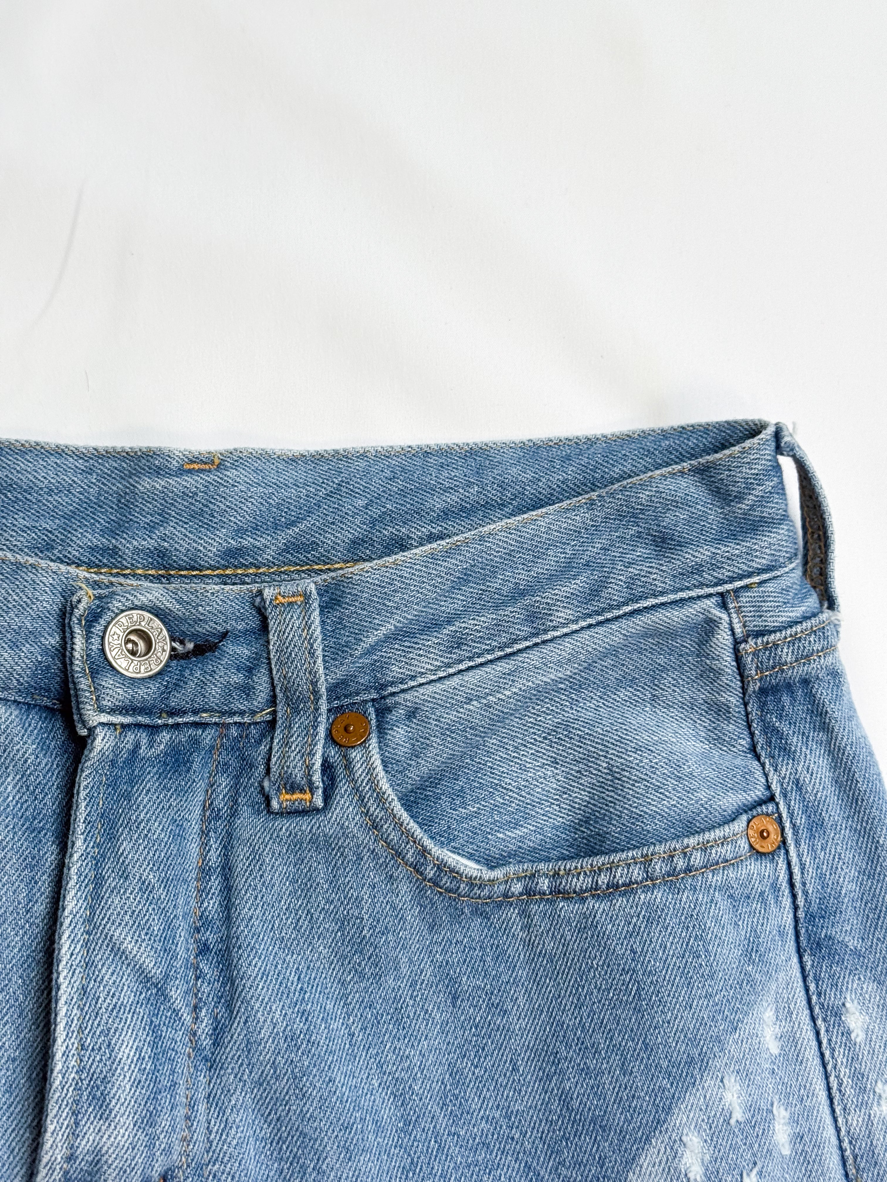 Replay 1990s Light Wash Wave-Panel Distressed Flare Jeans - W26
