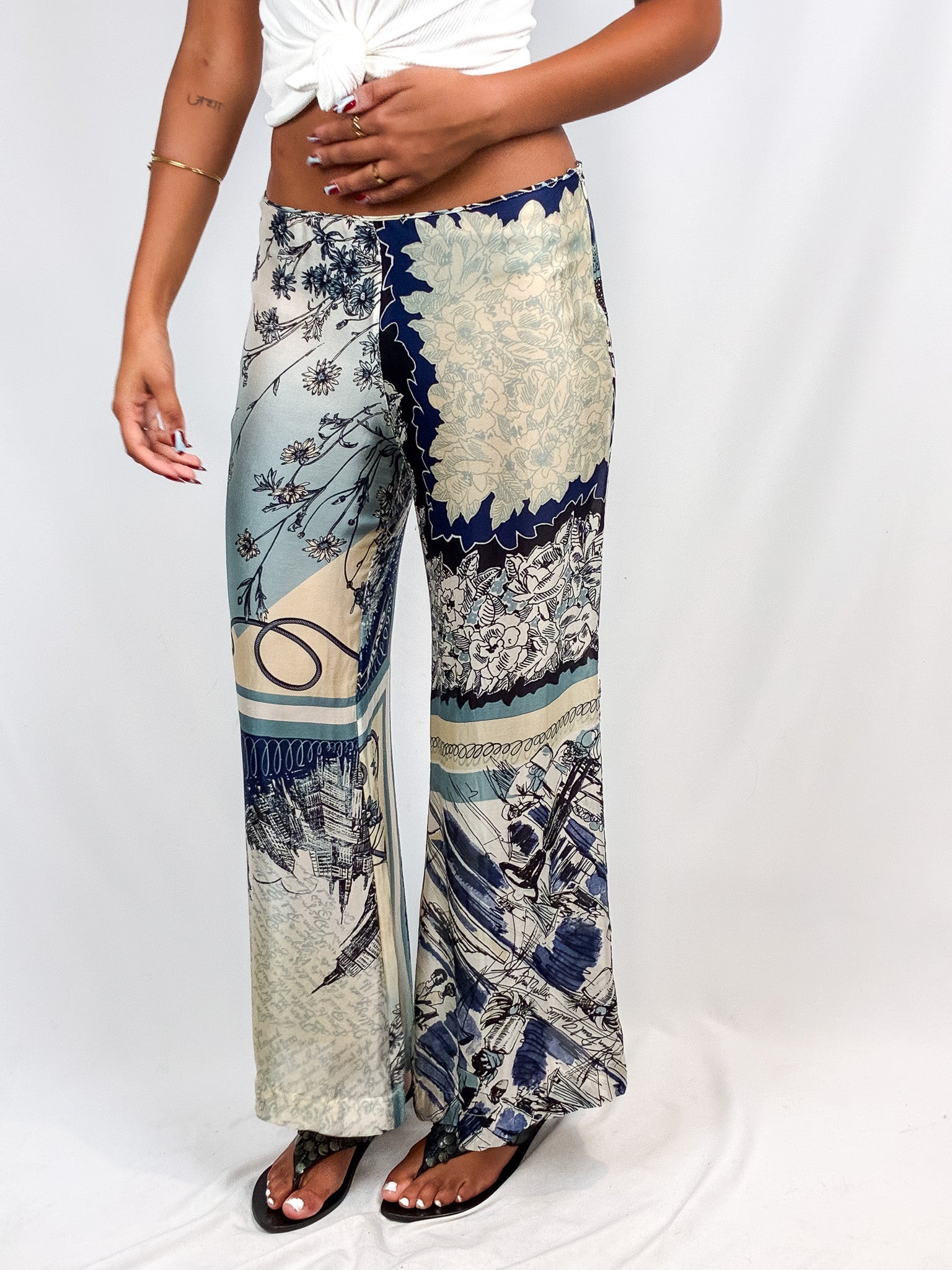 Jean Paul Gaultier 2000s Blue Scarf-Print Wide-Leg Trousers - S/M