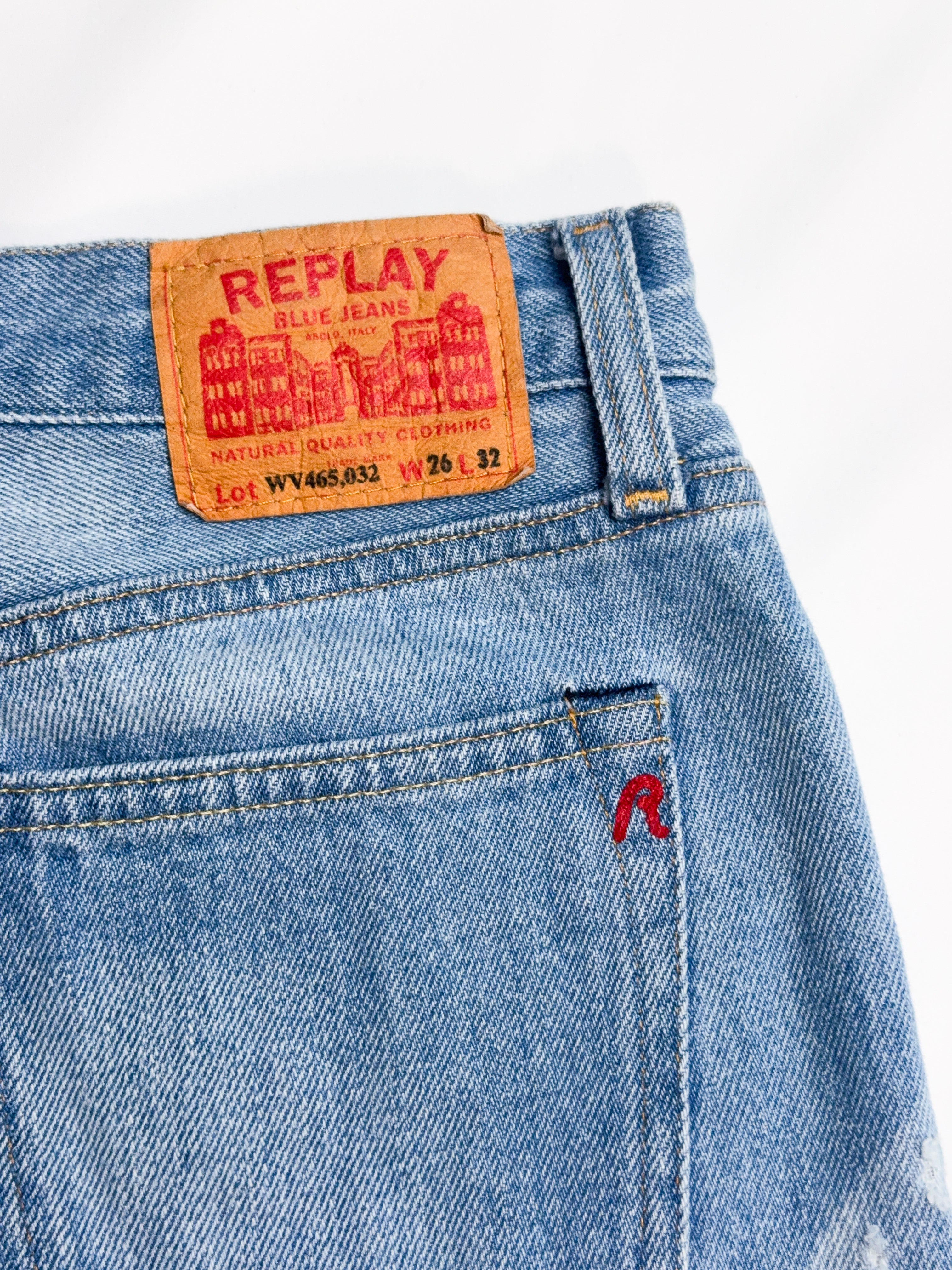 Replay 1990s Light Wash Wave-Panel Distressed Flare Jeans - W26