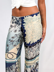 Jean Paul Gaultier 2000s Blue Scarf-Print Wide-Leg Trousers - S/M