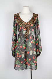 John Galliano F/W 2003 Cherry Leopard Silk Long Sleeve Dress – S/M