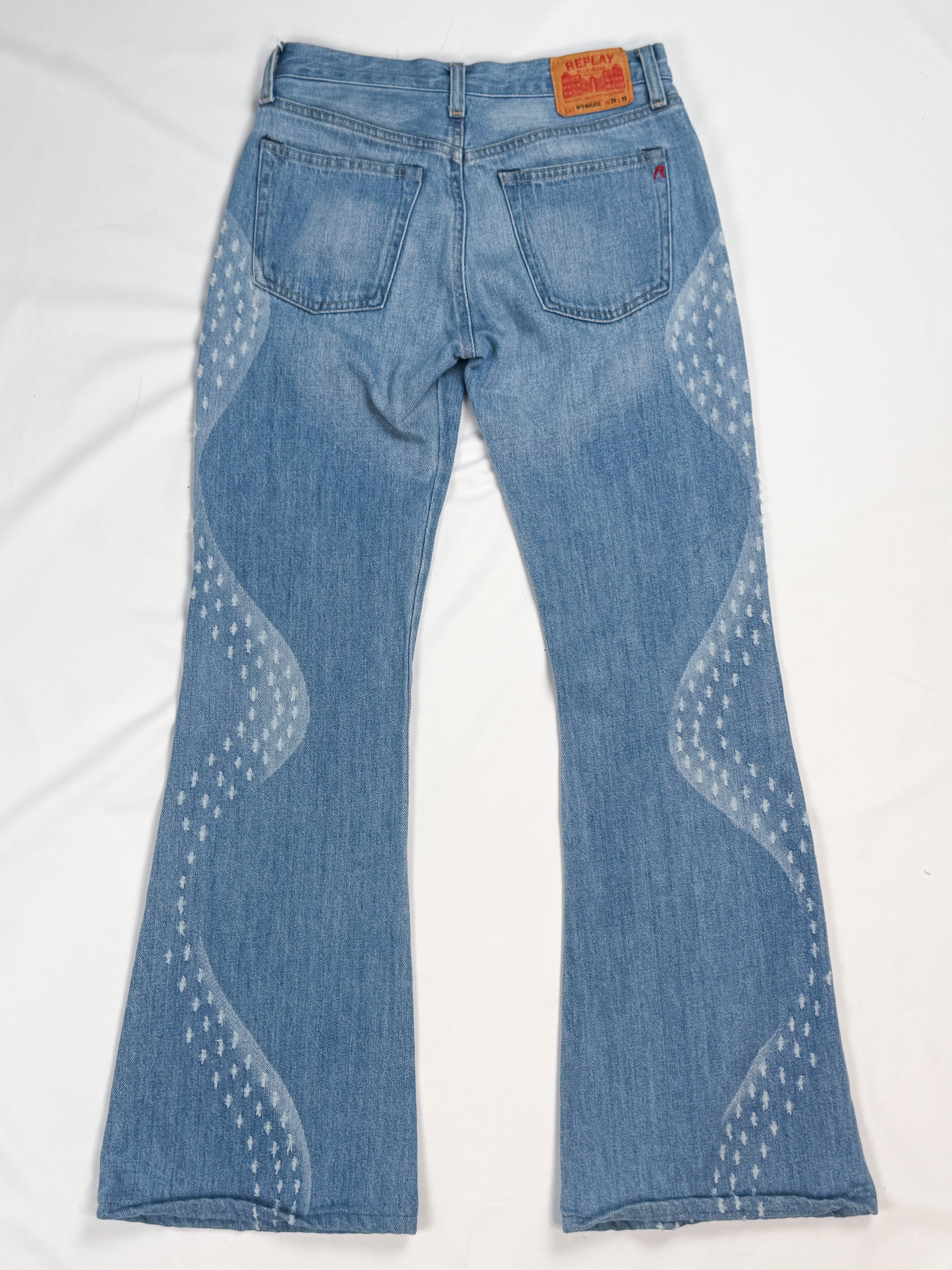 Replay 1990s Light Wash Wave-Panel Distressed Flare Jeans - W26