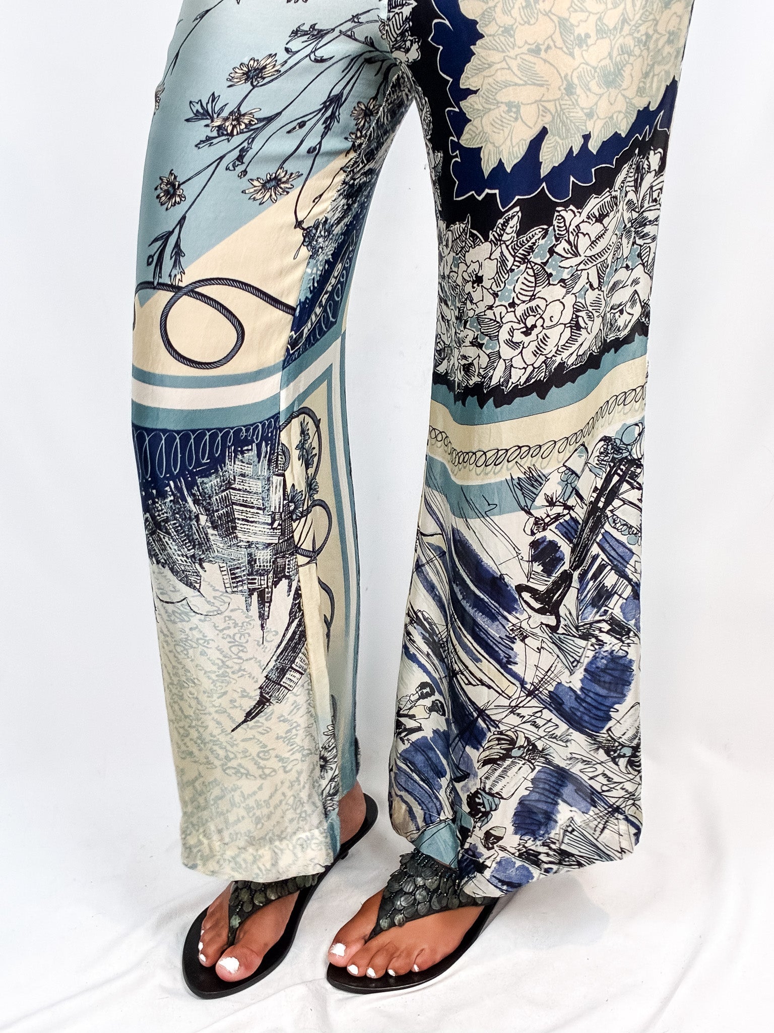 Jean Paul Gaultier 2000s Blue Scarf-Print Wide-Leg Trousers - S/M