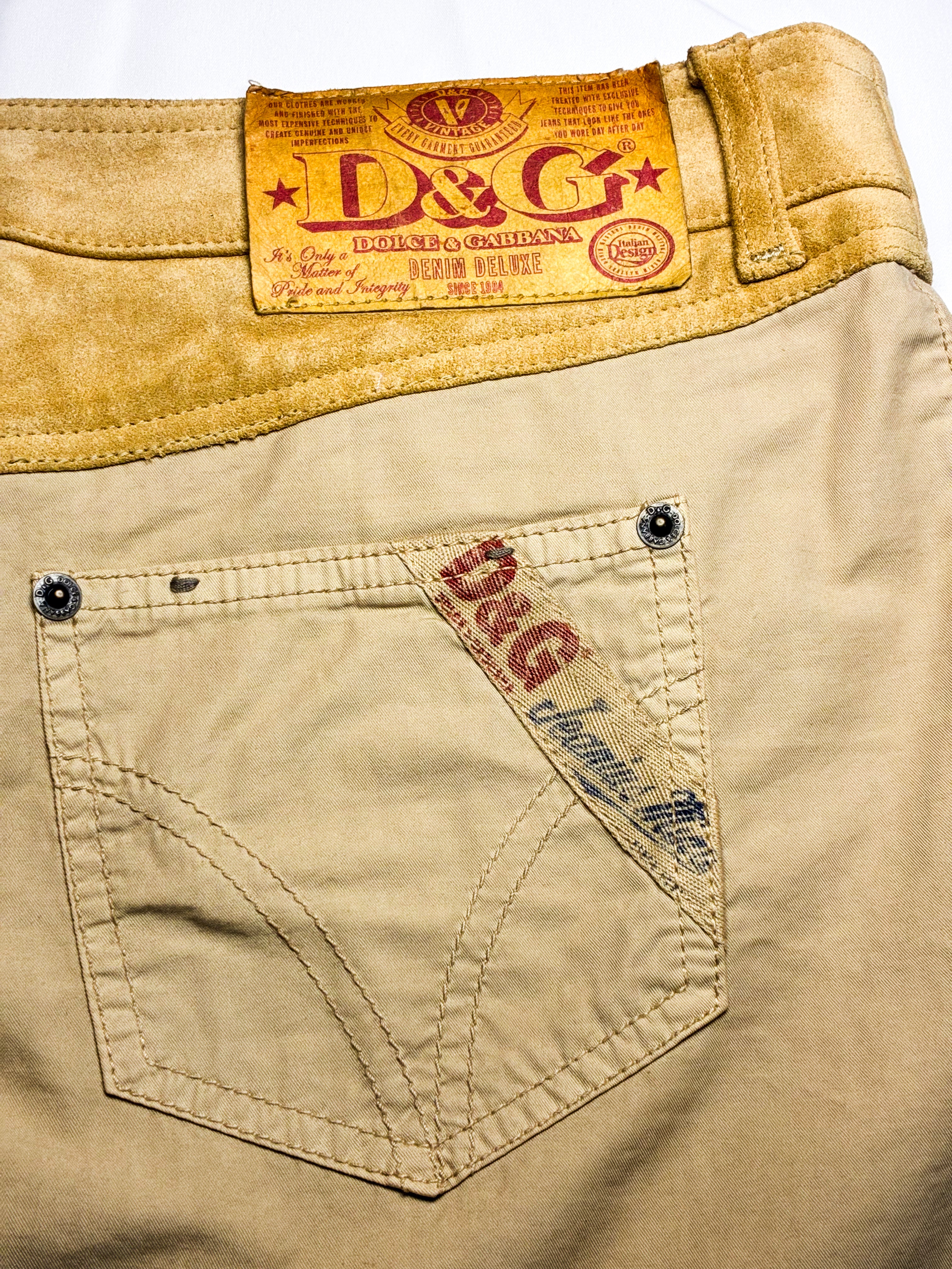 D&G Dolce & Gabbana 2000s Khaki Cotton and Suede Low-Rise Mini Skirt - M