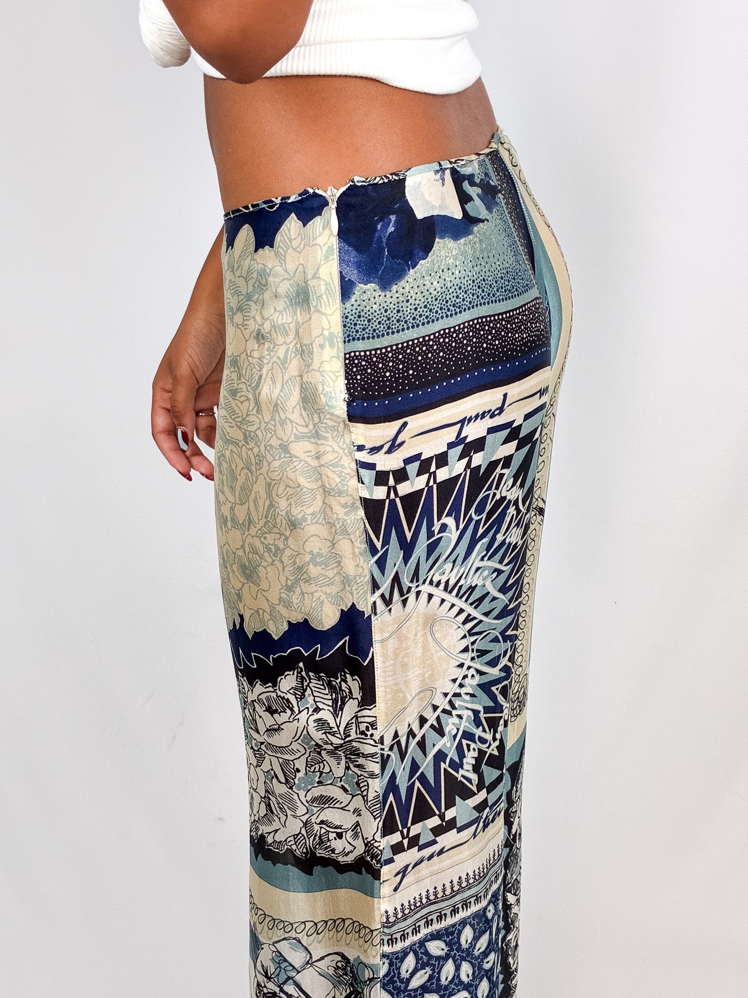 Jean Paul Gaultier 2000s Blue Scarf-Print Wide-Leg Trousers - S/M