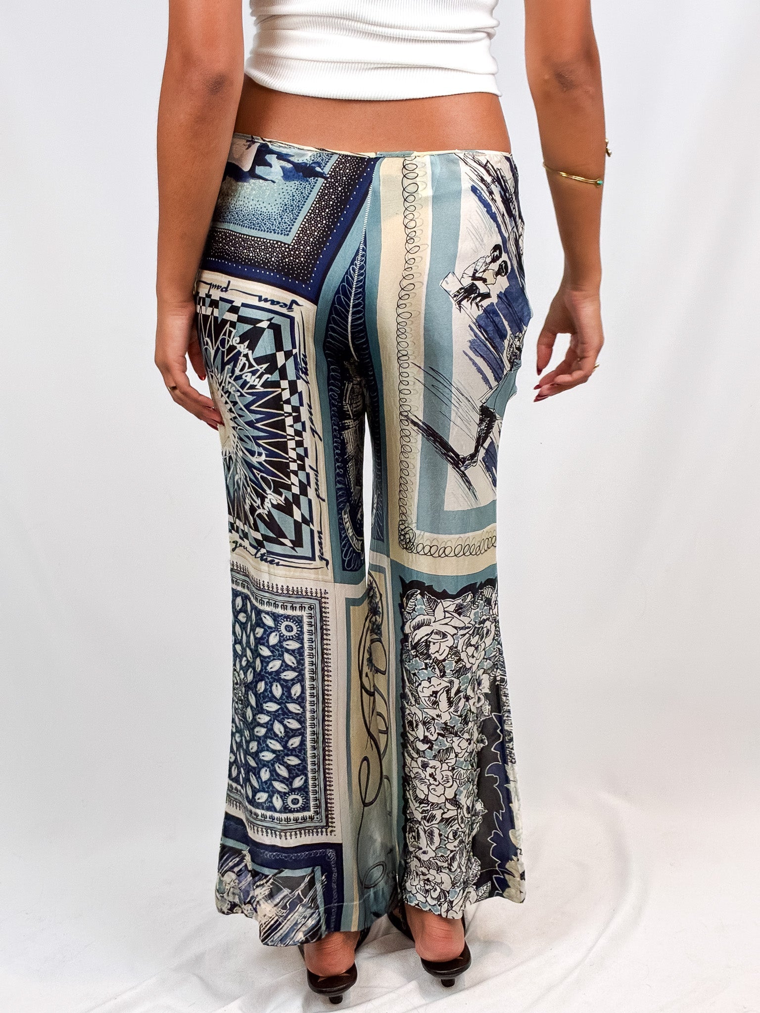 Jean Paul Gaultier 2000s Blue Scarf-Print Wide-Leg Trousers - S/M