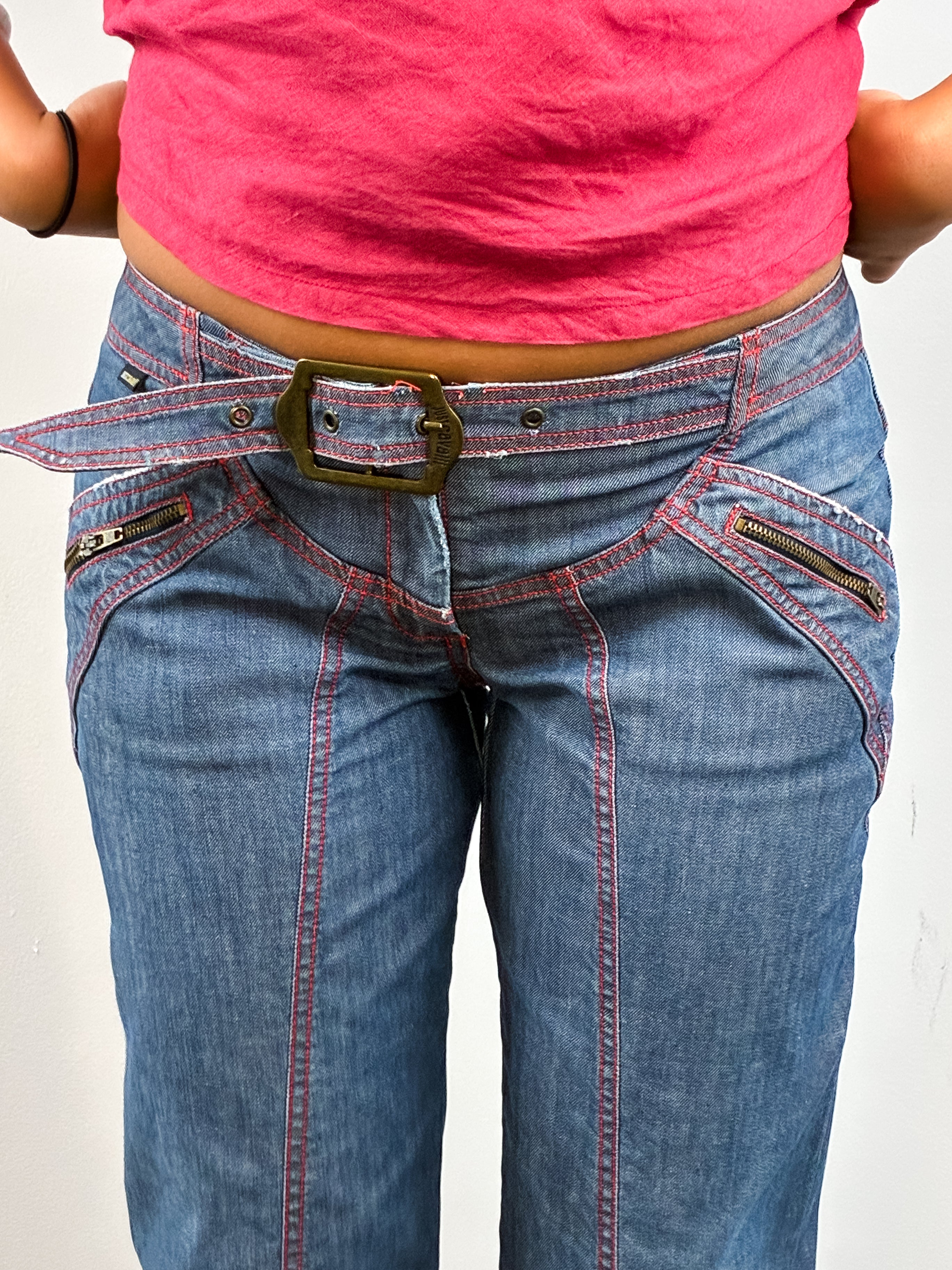 Just Cavalli 2000s Red Stitch Belted Capri Jeans - W28