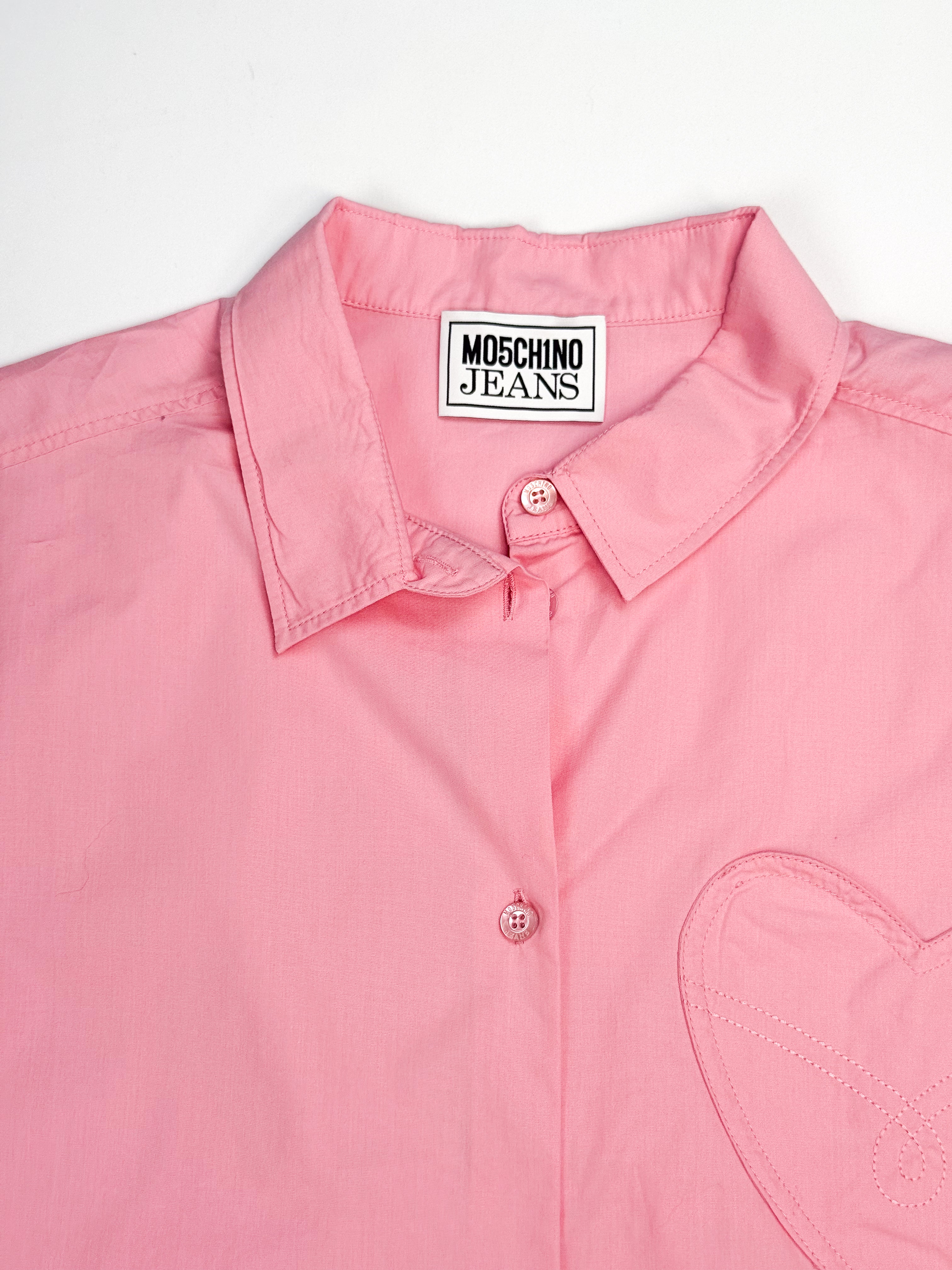 Moschino Couture Modern Pink Heart Pocket Cotton Crop Shirt - L