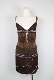 2000s Pinko Silk Beaded Brown Dress - M-L