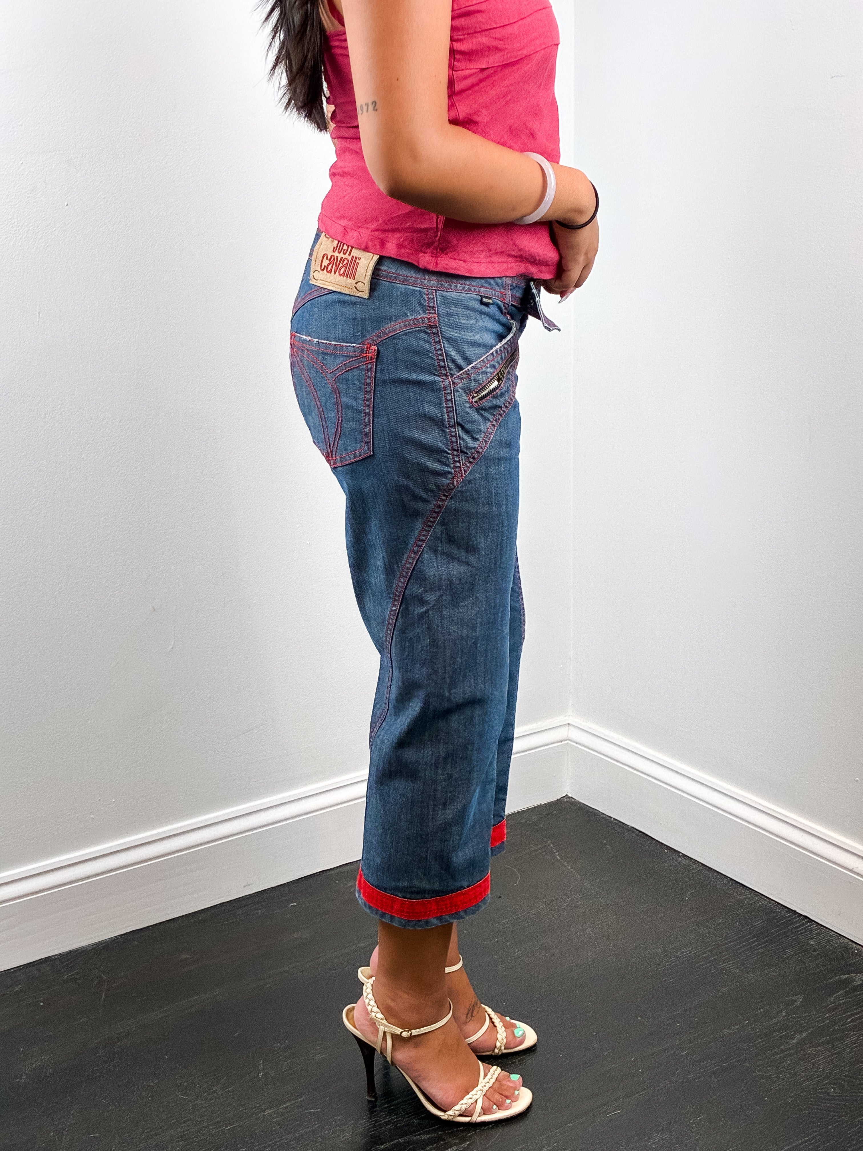 Just Cavalli 2000s Red Stitch Belted Capri Jeans - W28