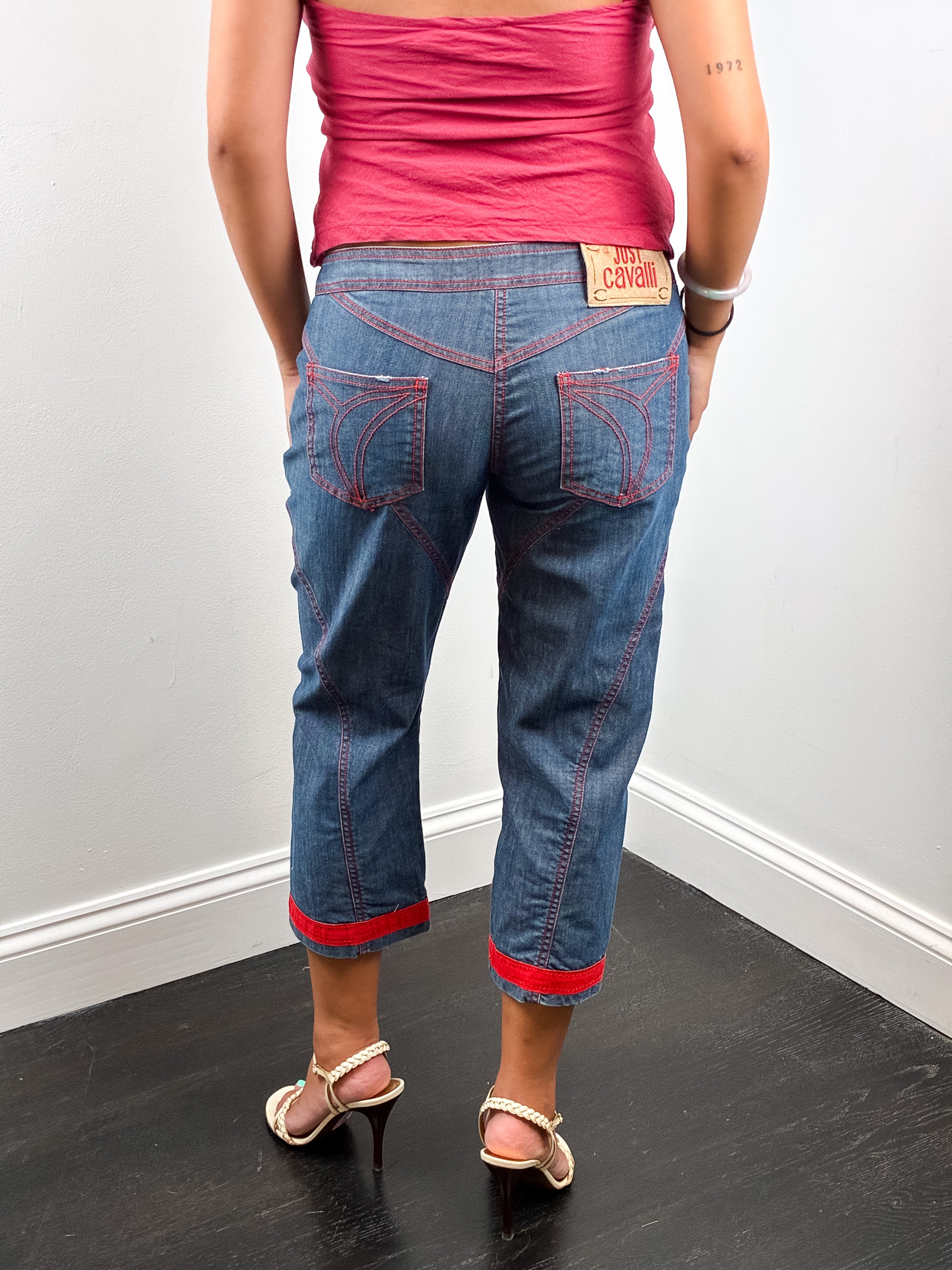 Just Cavalli 2000s Red Stitch Belted Capri Jeans - W28
