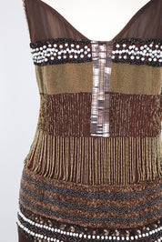 2000s Pinko Silk Beaded Brown Dress - M-L