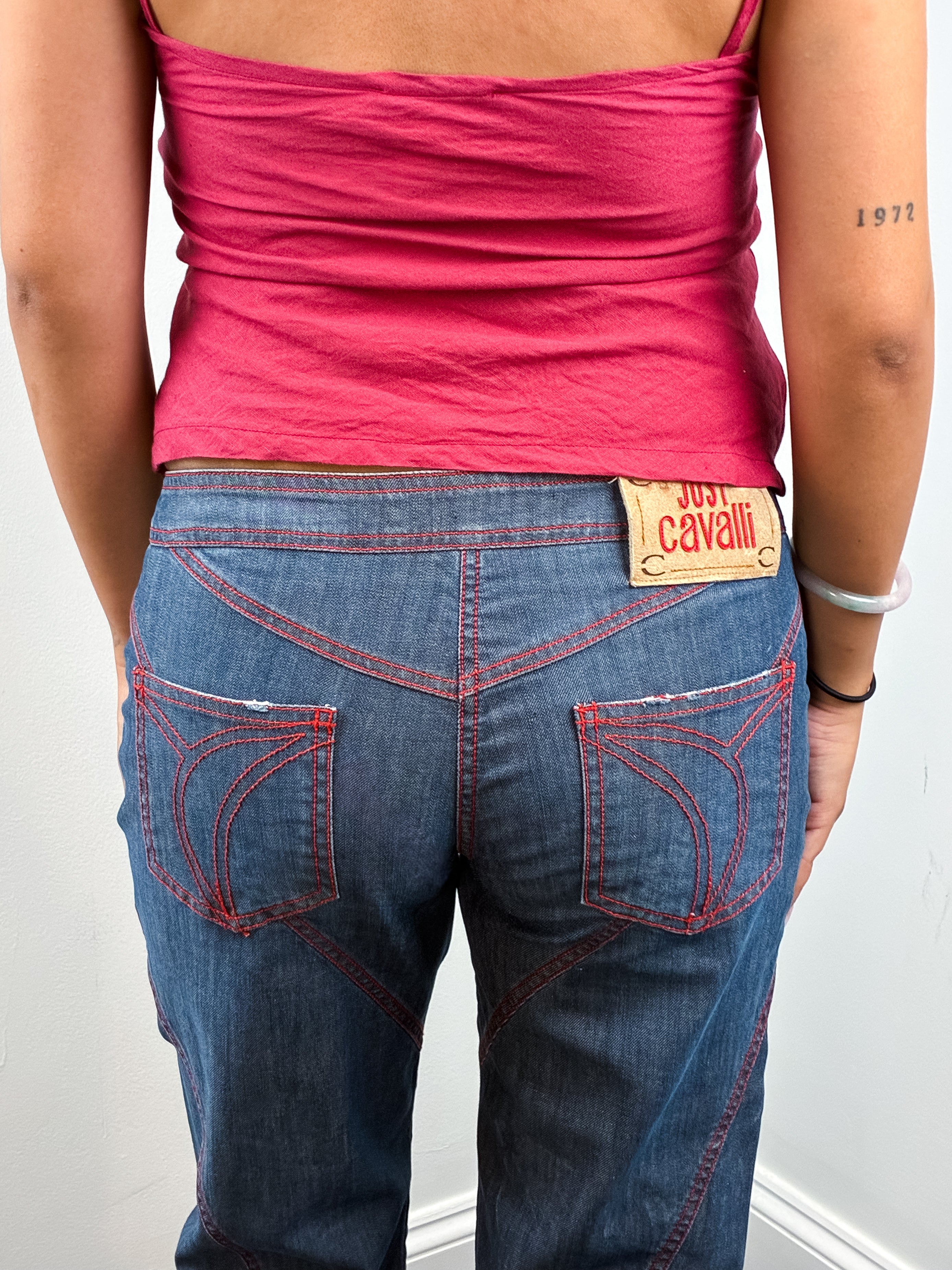 Just Cavalli 2000s Red Stitch Belted Capri Jeans - W28
