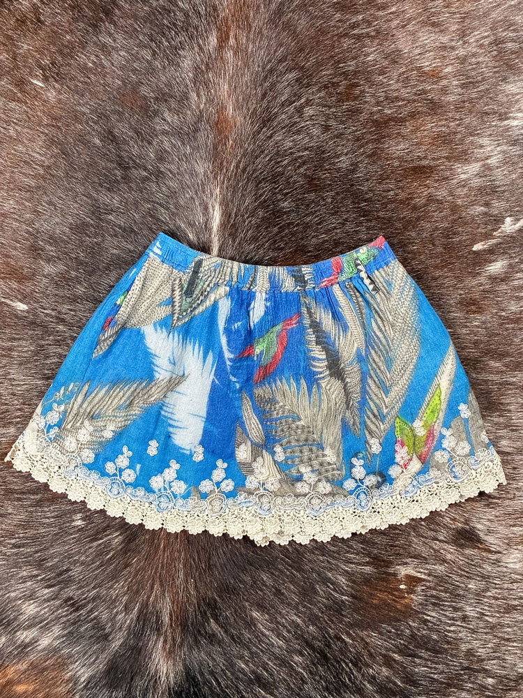 Custo Barcelona 2000s Blue Parrot Lace-Trim Mini Skirt