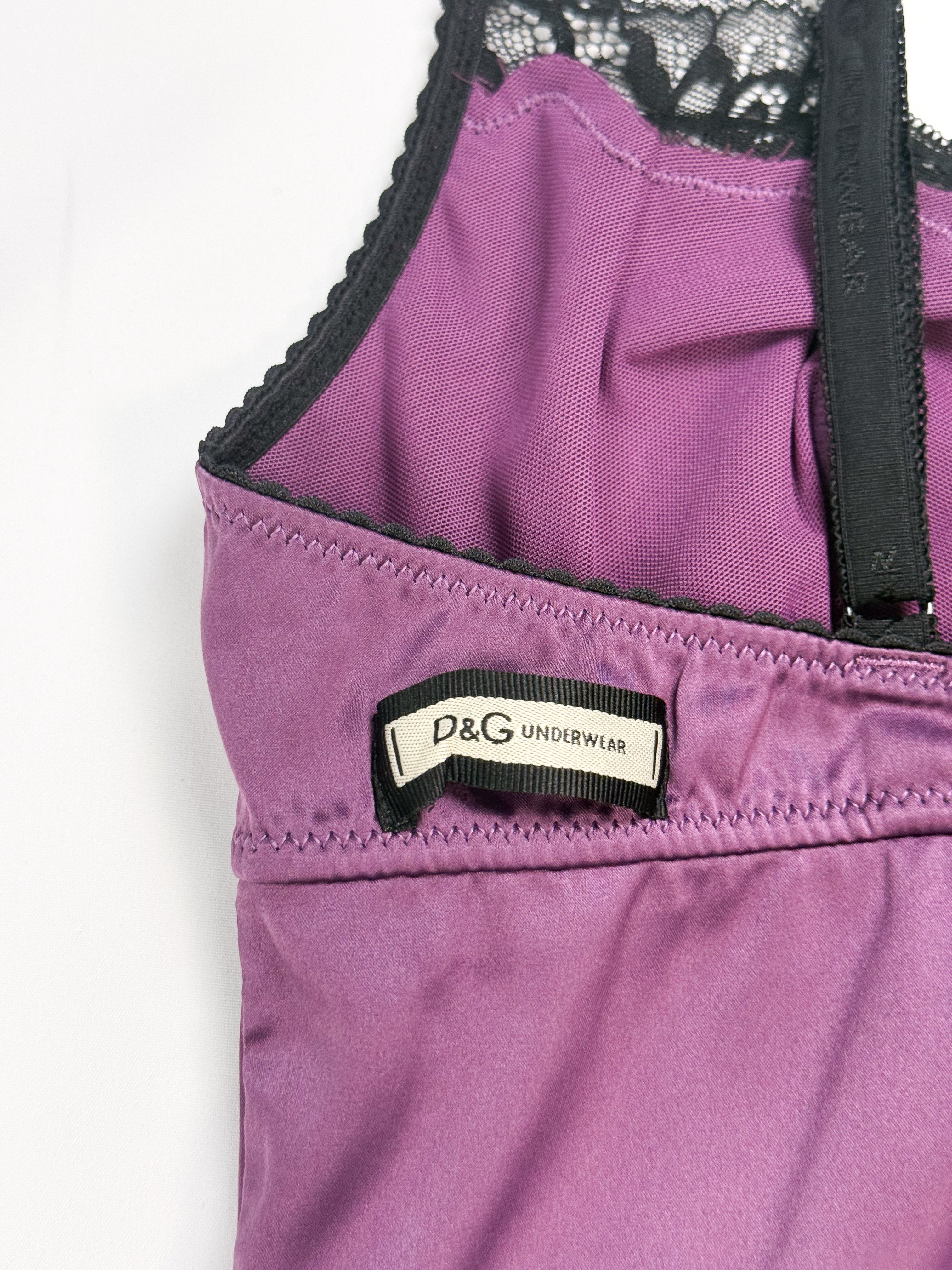 D&G Dolce & Gabbana 2000s Purple Satin Black Lace Cami Top - XS