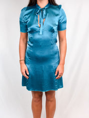 2000s Teal Silk Tie-Neck Dress - S/M