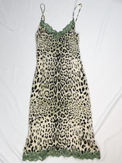 Green and cream leopard print silk slip dress with sage lace trim