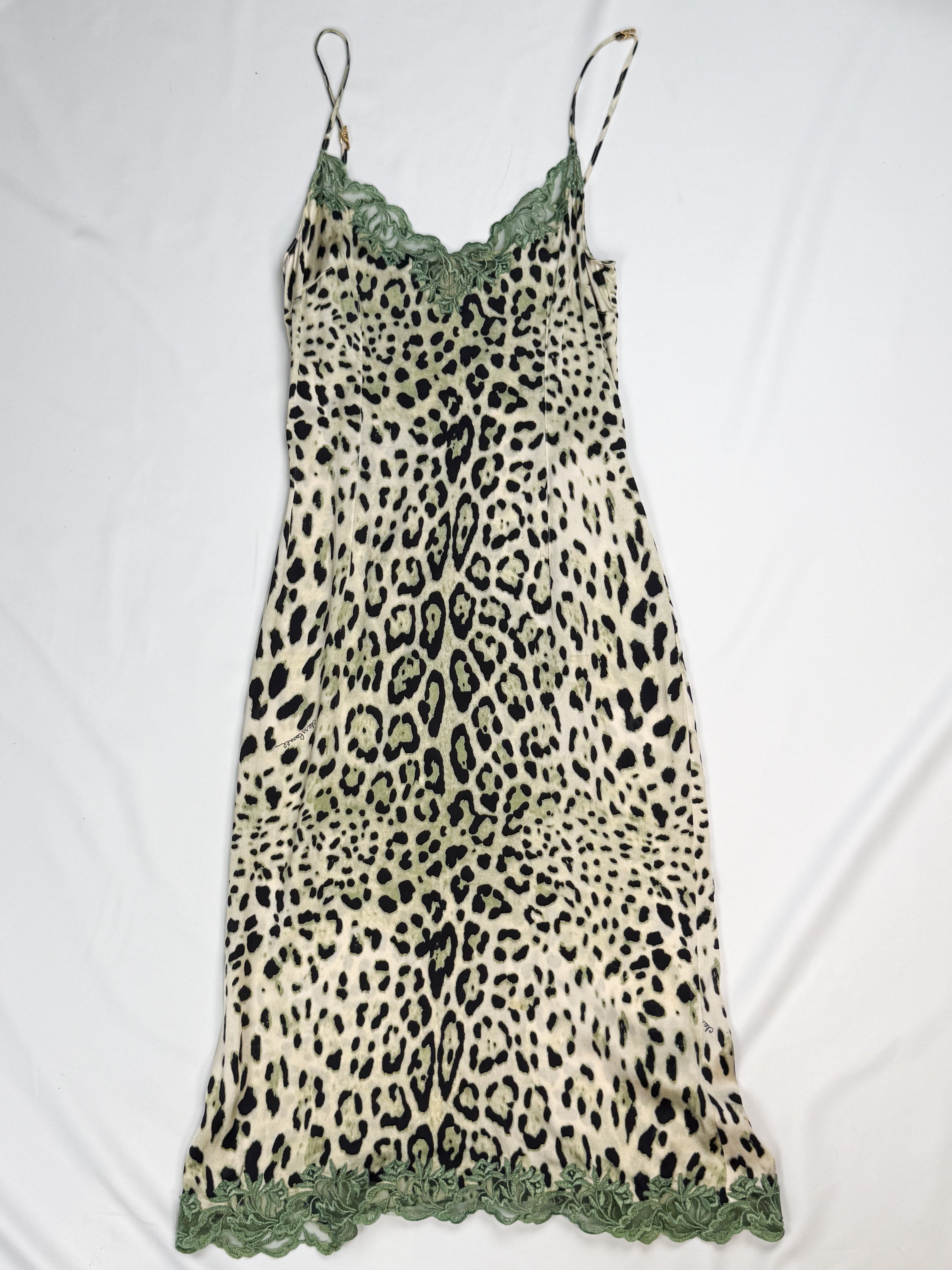 Green and cream leopard print silk slip dress with sage lace trim