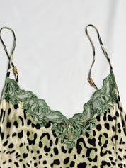 Class Roberto Cavalli silk slip dress, leopard print, sage lace neckline