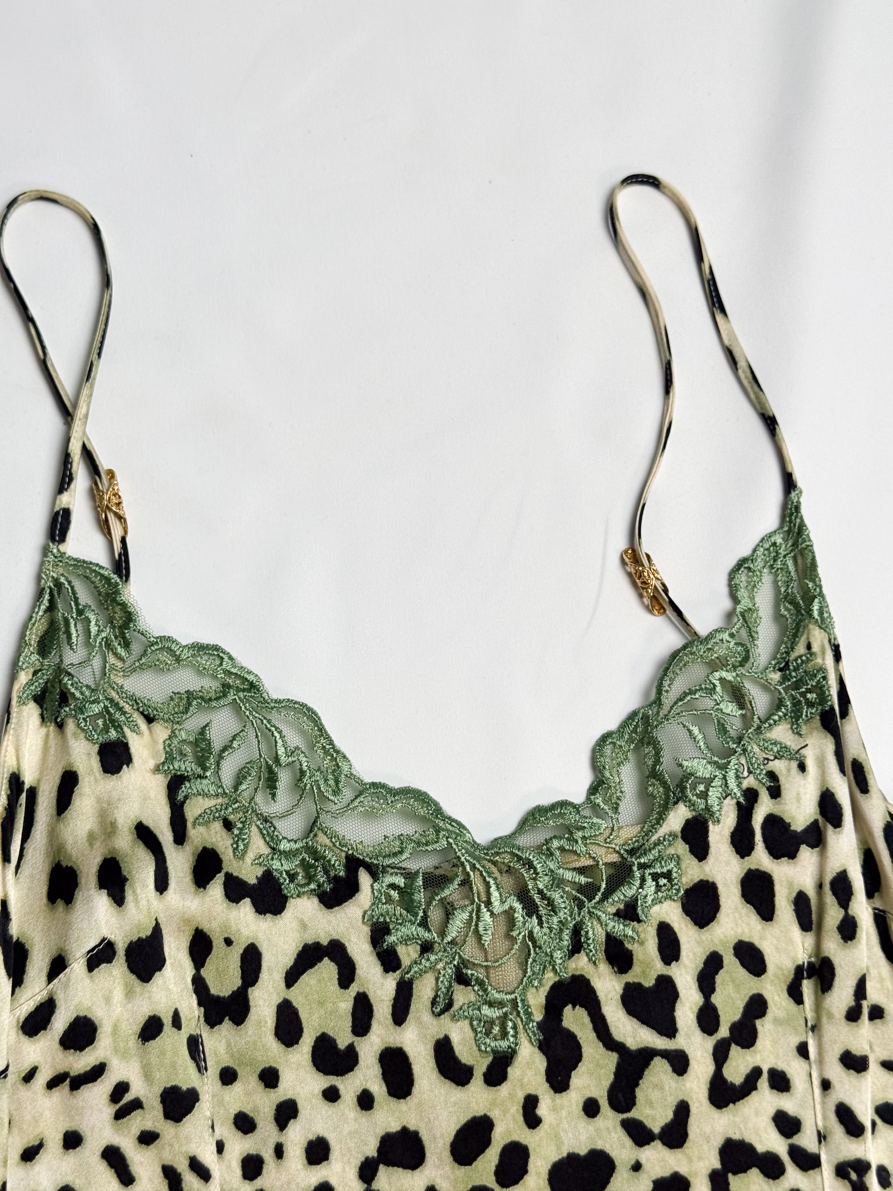 Class Roberto Cavalli silk slip dress, leopard print, sage lace neckline