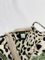 2000s Roberto Cavalli green leopard silk midi dress, front view