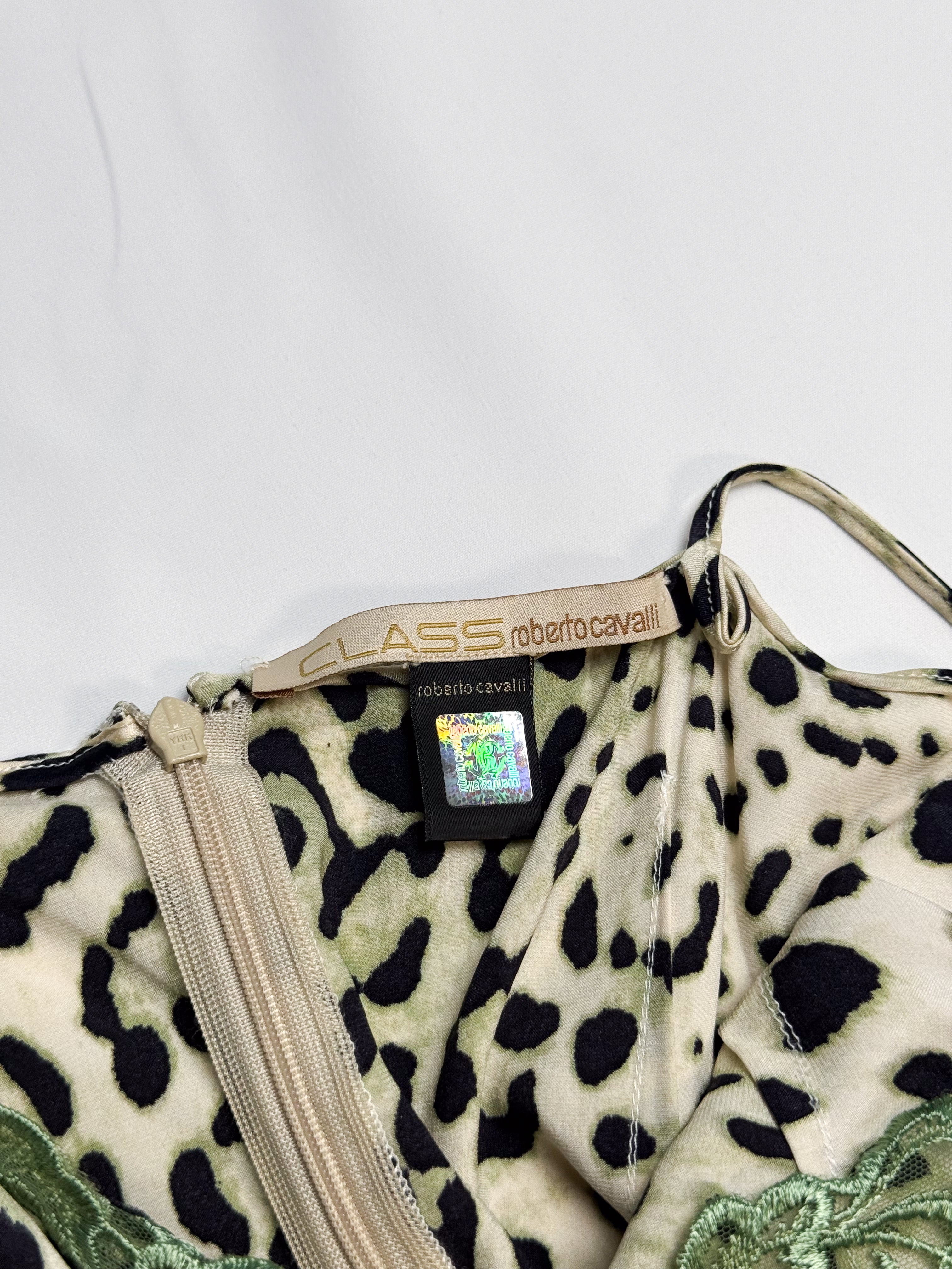 2000s Roberto Cavalli green leopard silk midi dress, front view