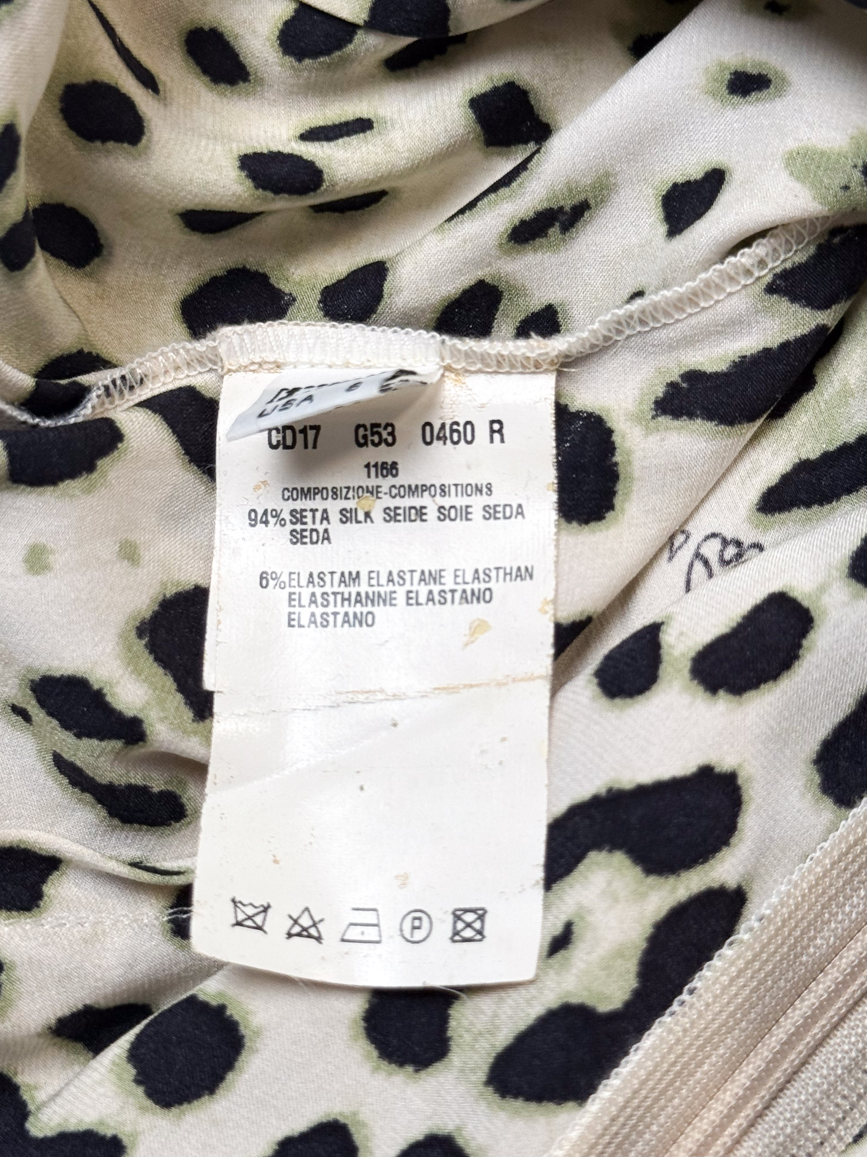 Green leopard print silk midi slip dress, lace trim detail