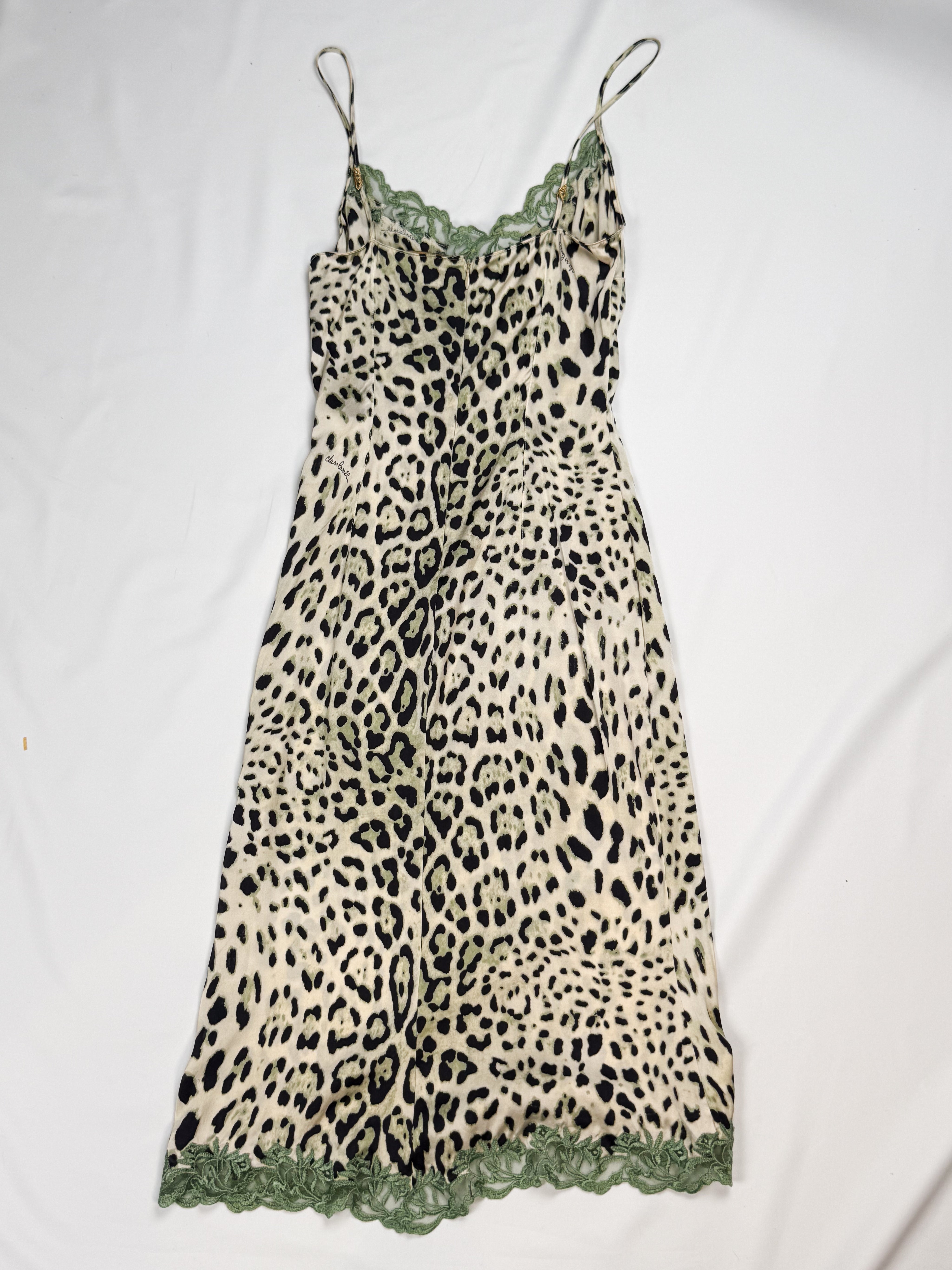 Class Roberto Cavalli 2000s green leopard print silk midi slip dress
