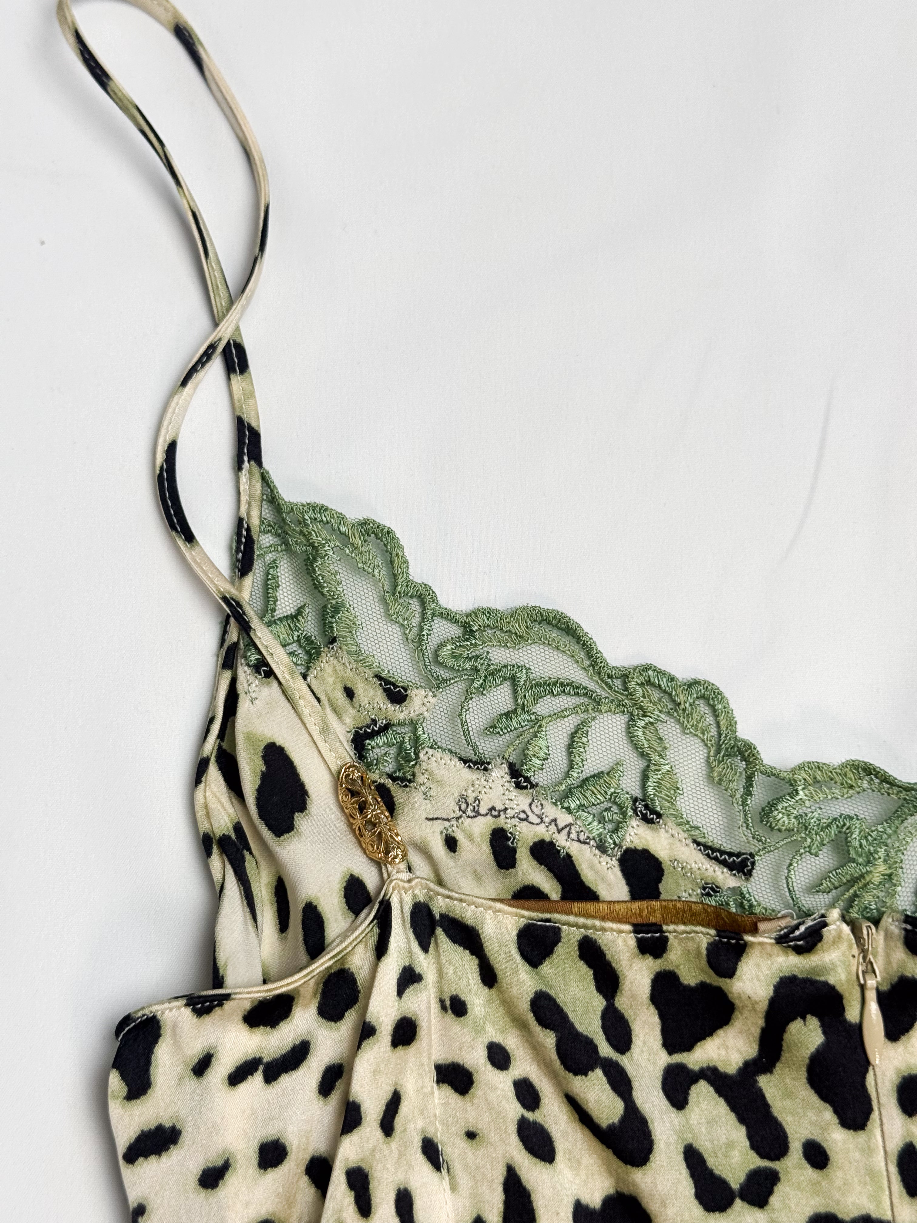 Class Roberto Cavalli green leopard silk midi dress detail