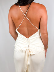 Rose & Thin 2000s Cream Silk Cross-Back Slip Midi Dress - XS/S